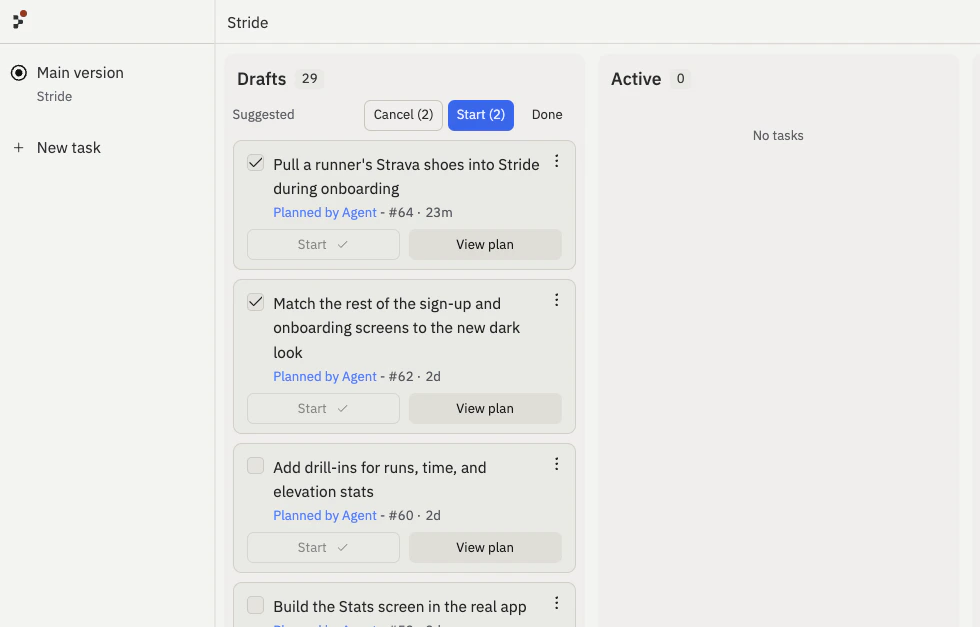 Task board edit mode showing selected follow-up task suggestions with bulk Start and Cancel actions