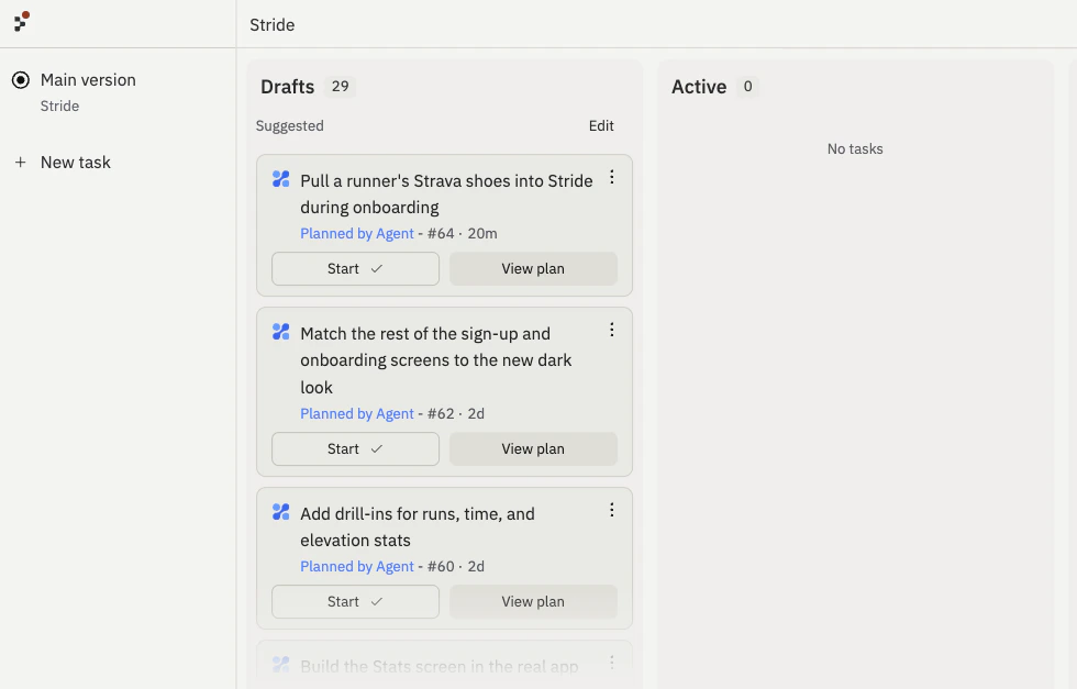 Task board showing many follow-up task suggestions under Suggested in the Drafts column