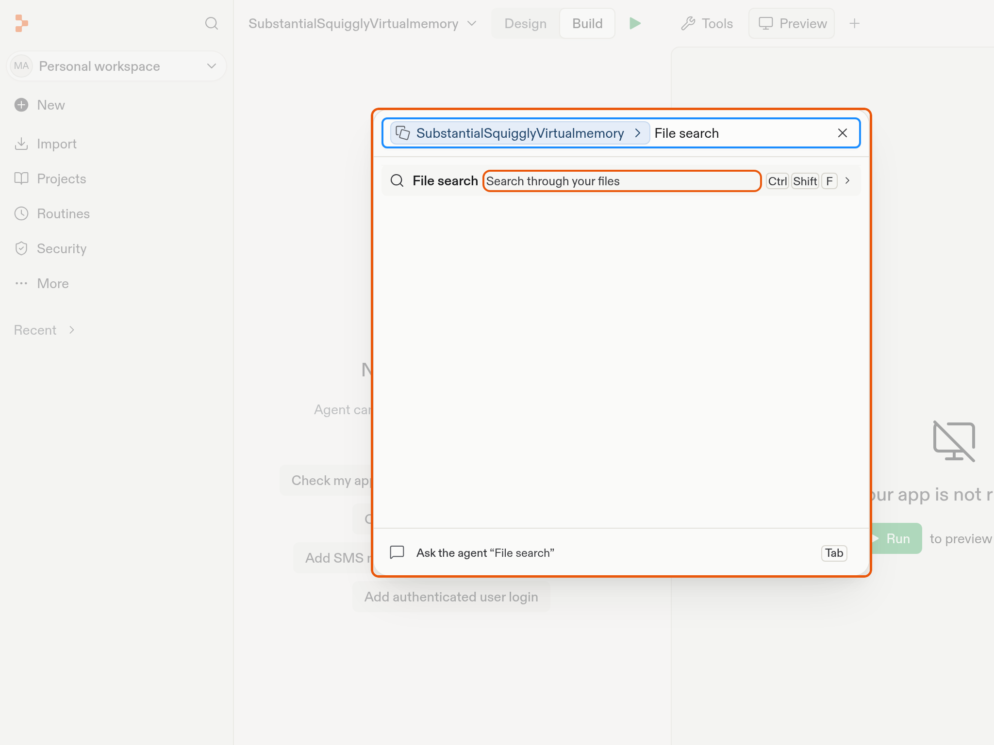 File search action in the project command palette, with its description and Ctrl Shift F keyboard shortcut
