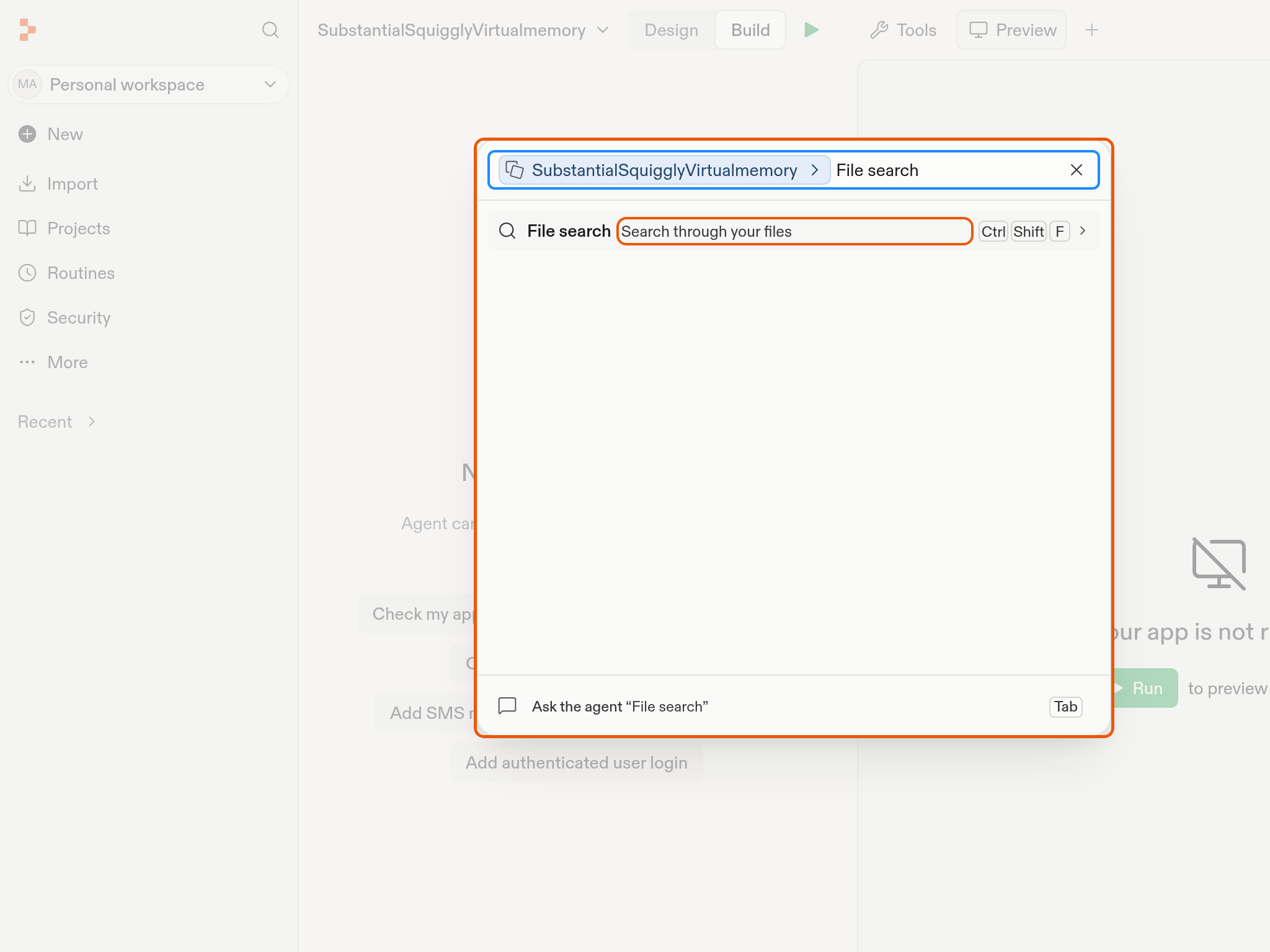 File search action in the project command palette, with its description and Ctrl Shift F keyboard shortcut