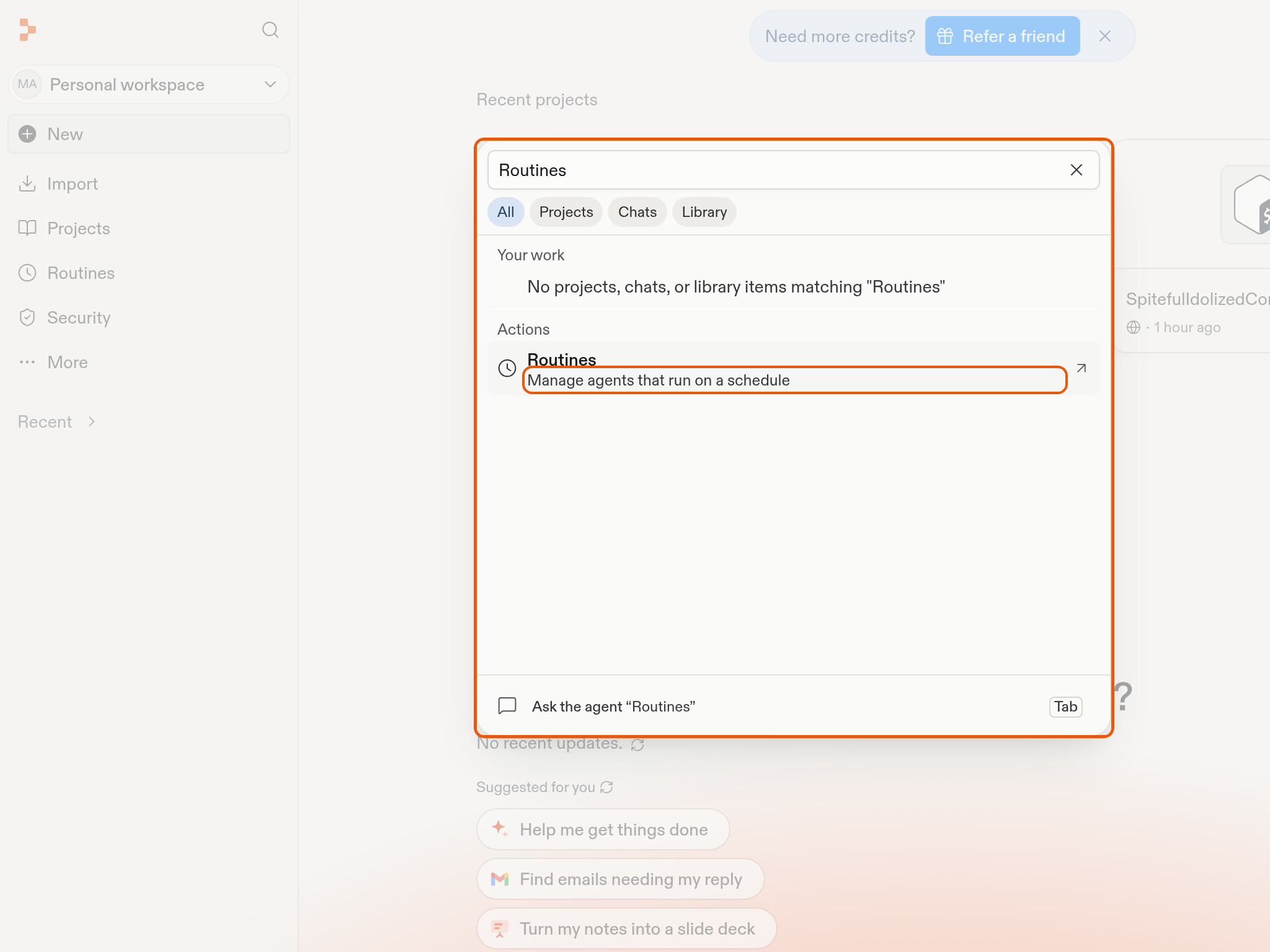 Command palette filtered to Routines, with All, Projects, Chats, and Library filters and the Routines navigation action