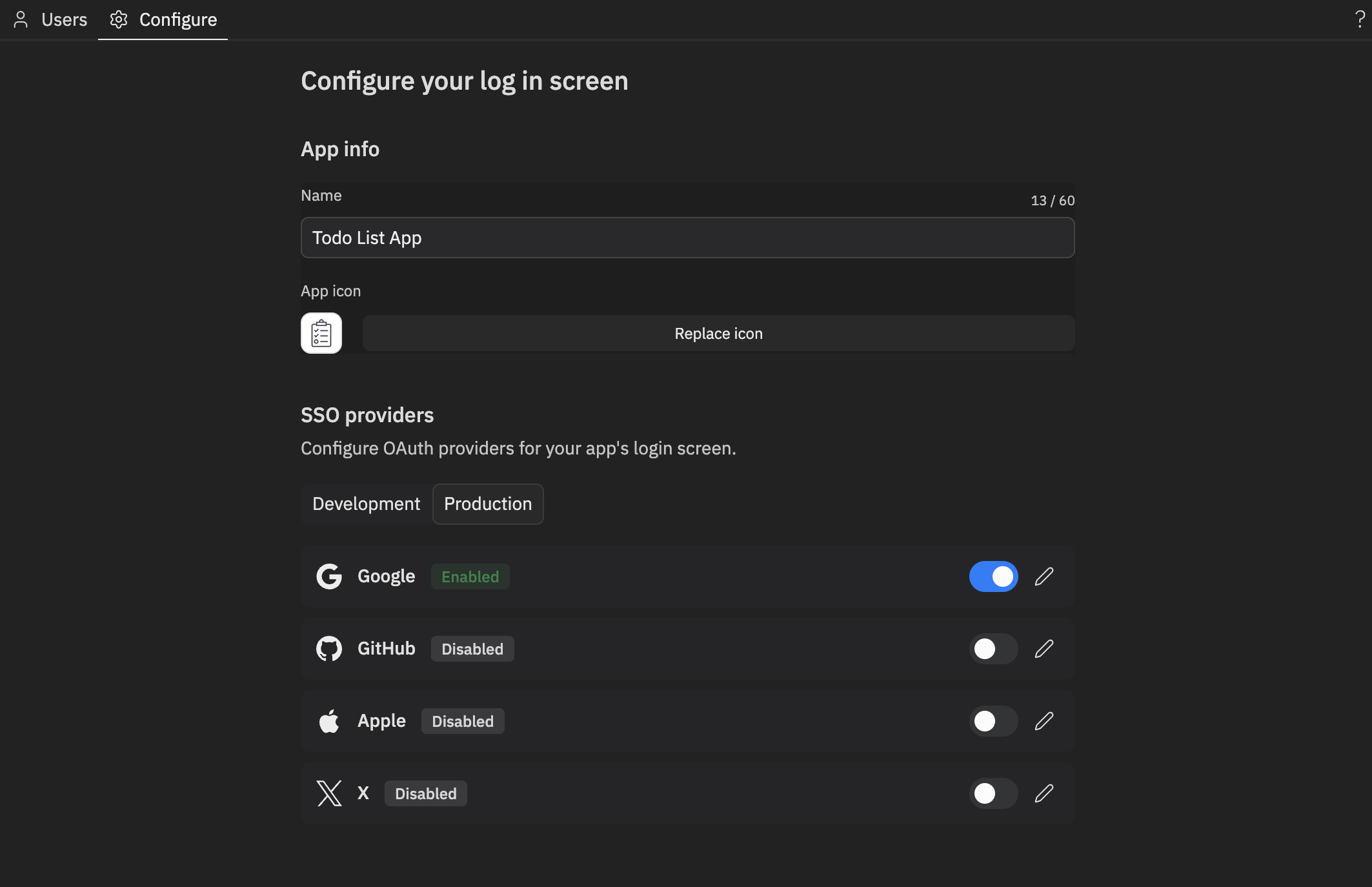 Clerk Auth configure tab showing app name, icon, and SSO provider toggles