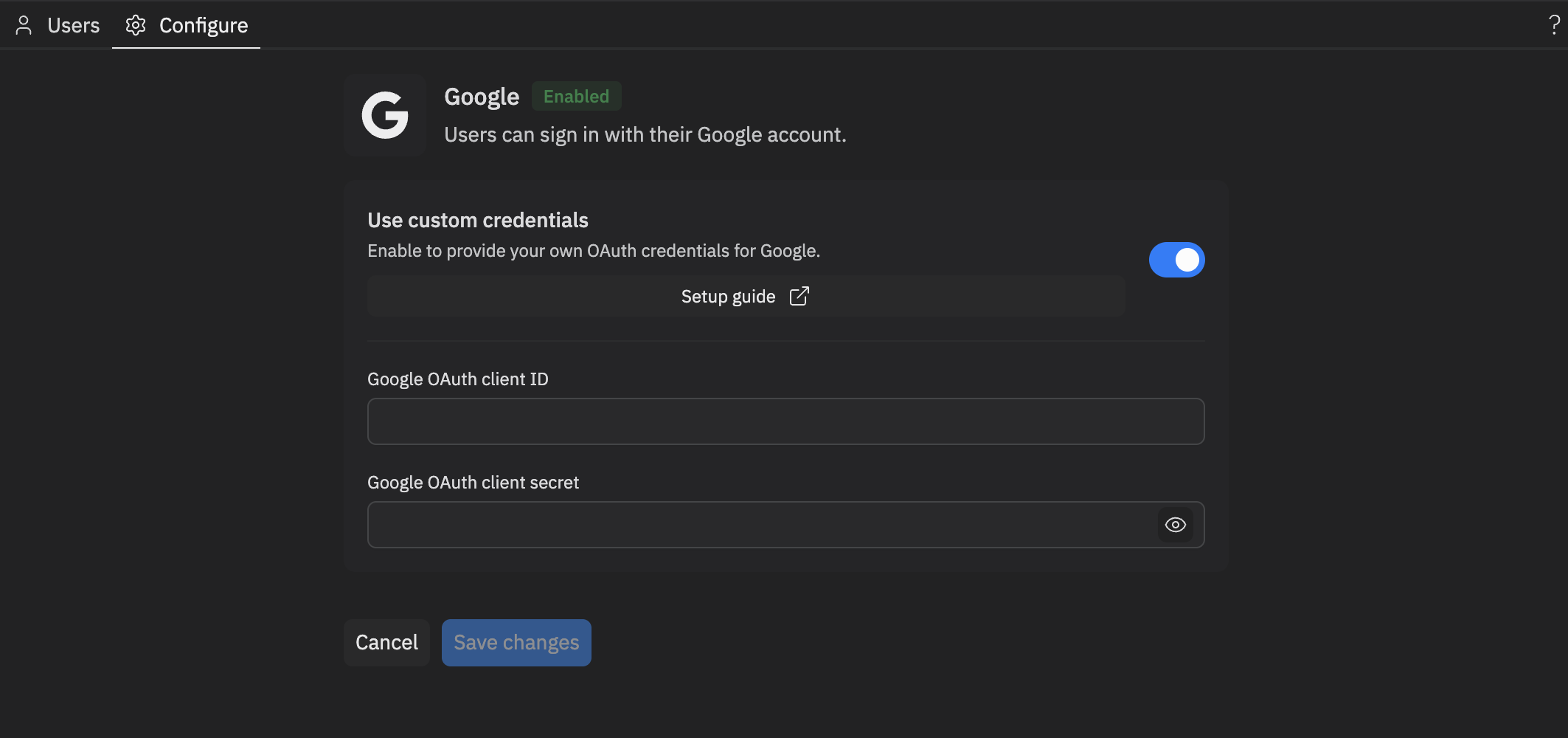 Custom OAuth credentials configuration for Google SSO showing client ID and secret fields