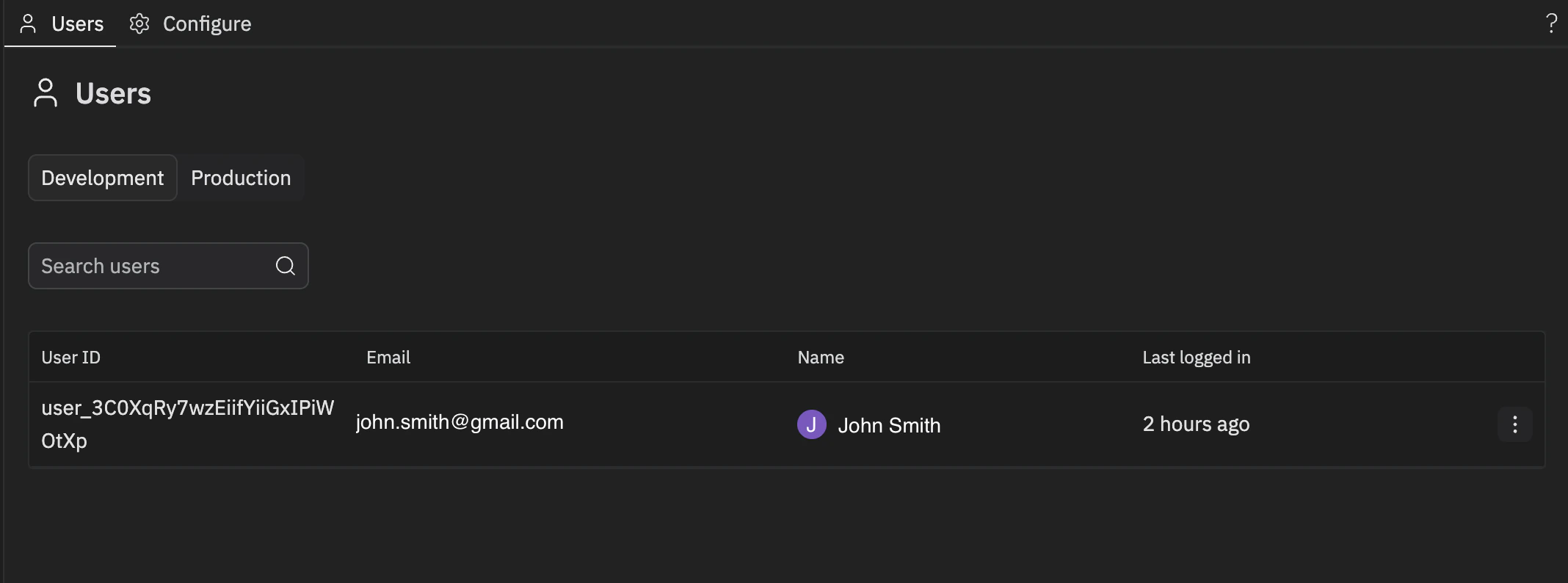 Clerk Auth users tab showing authenticated users in the Auth pane