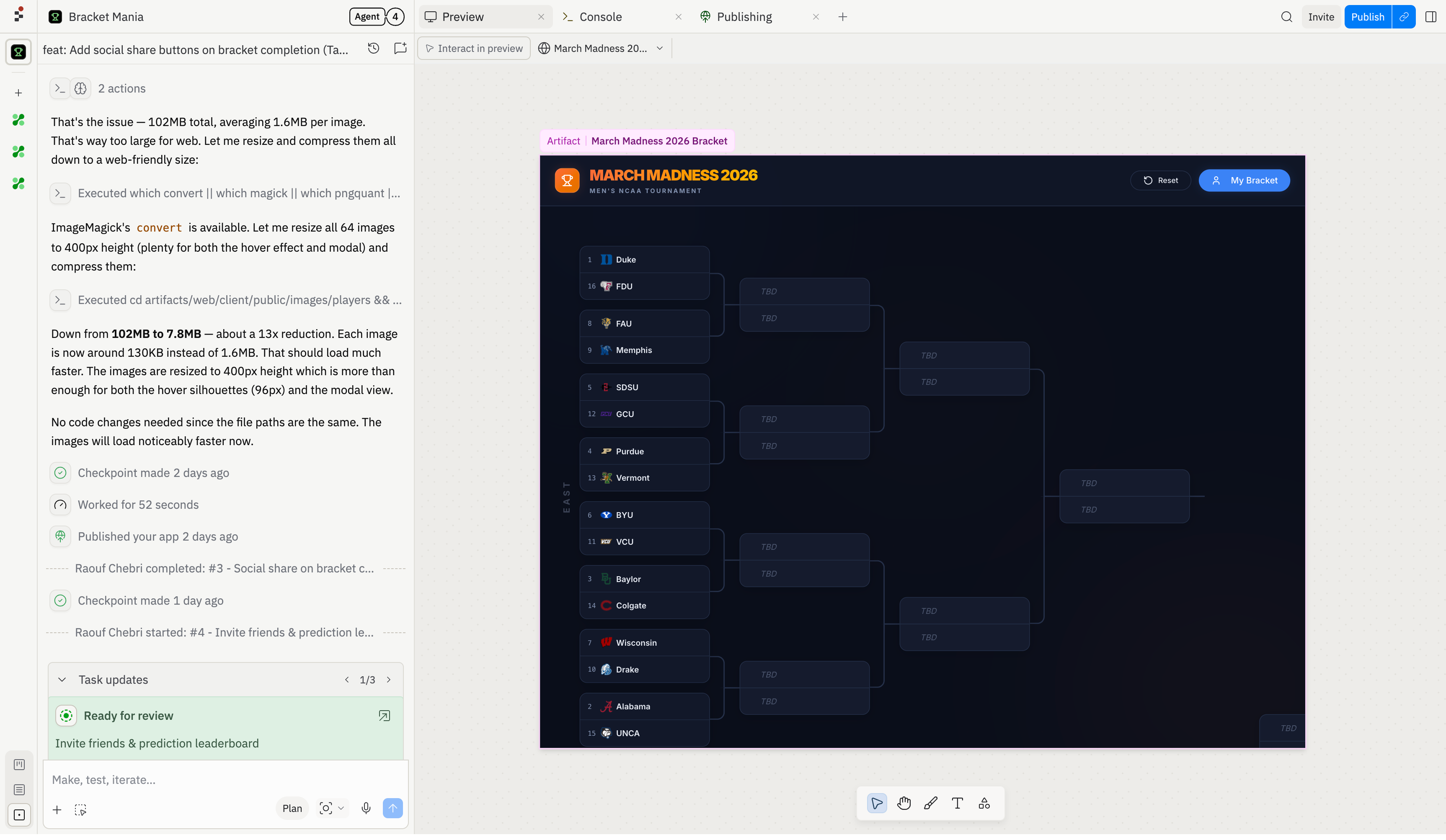 Canvas showing an app preview alongside Agent chat with task updates