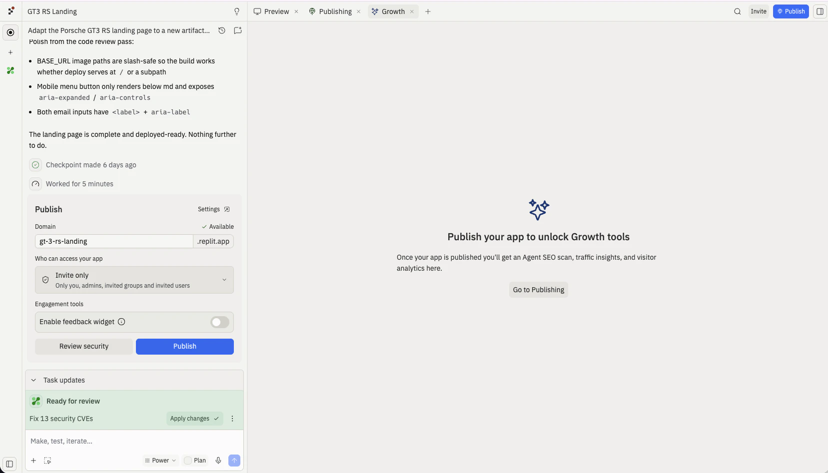 The Growth pane showing the locked state with the heading Publish your app to unlock Growth tools and a Go to Publishing button