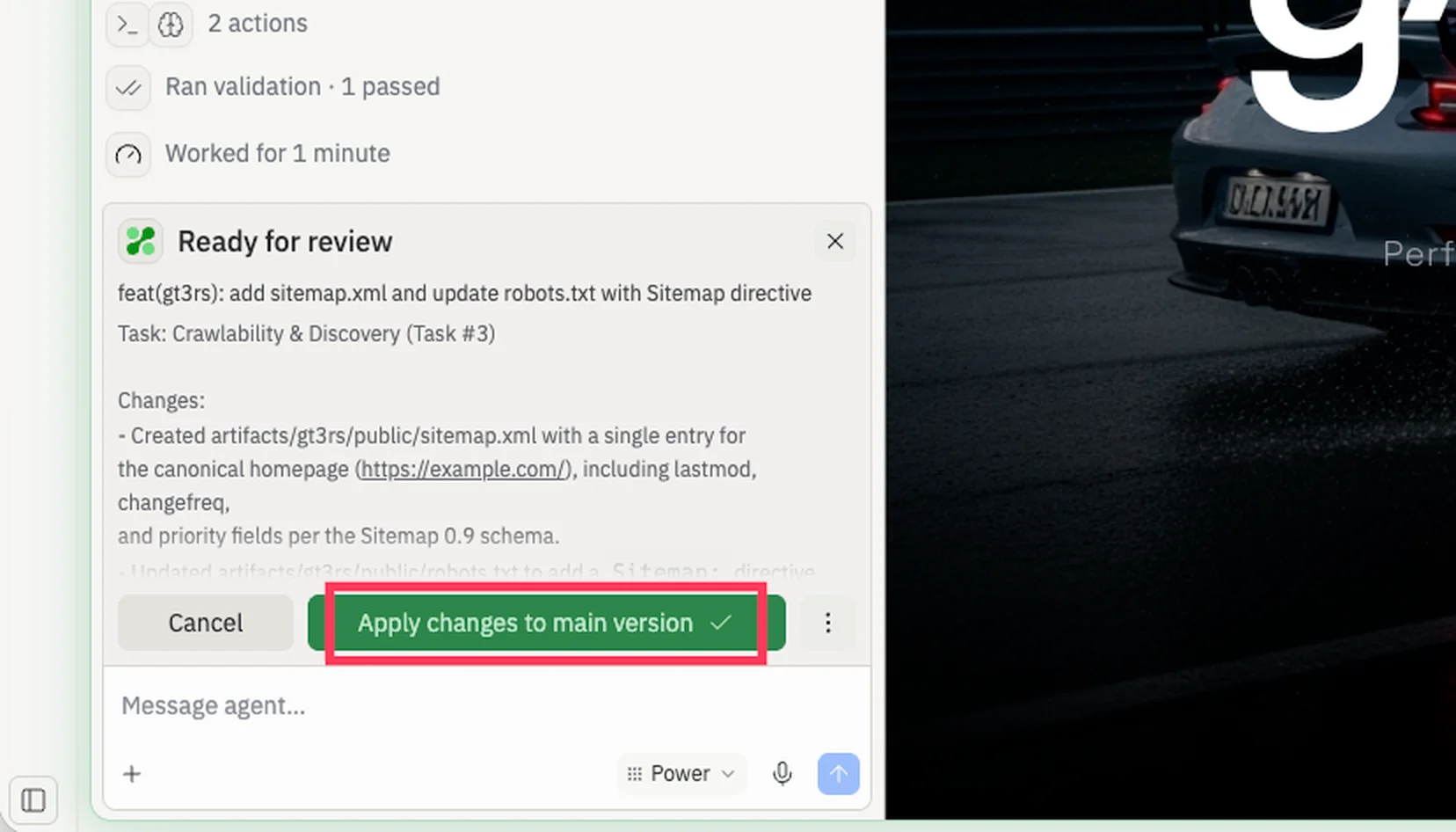 A zoomed-in view of the Ready for review task footer with a red rectangle highlighting the green Apply changes to main version button