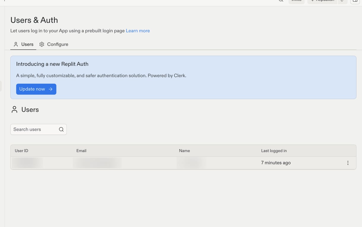 Project Editor with Users & Auth selected and the Introducing a new Replit Auth banner showing an Update now button
