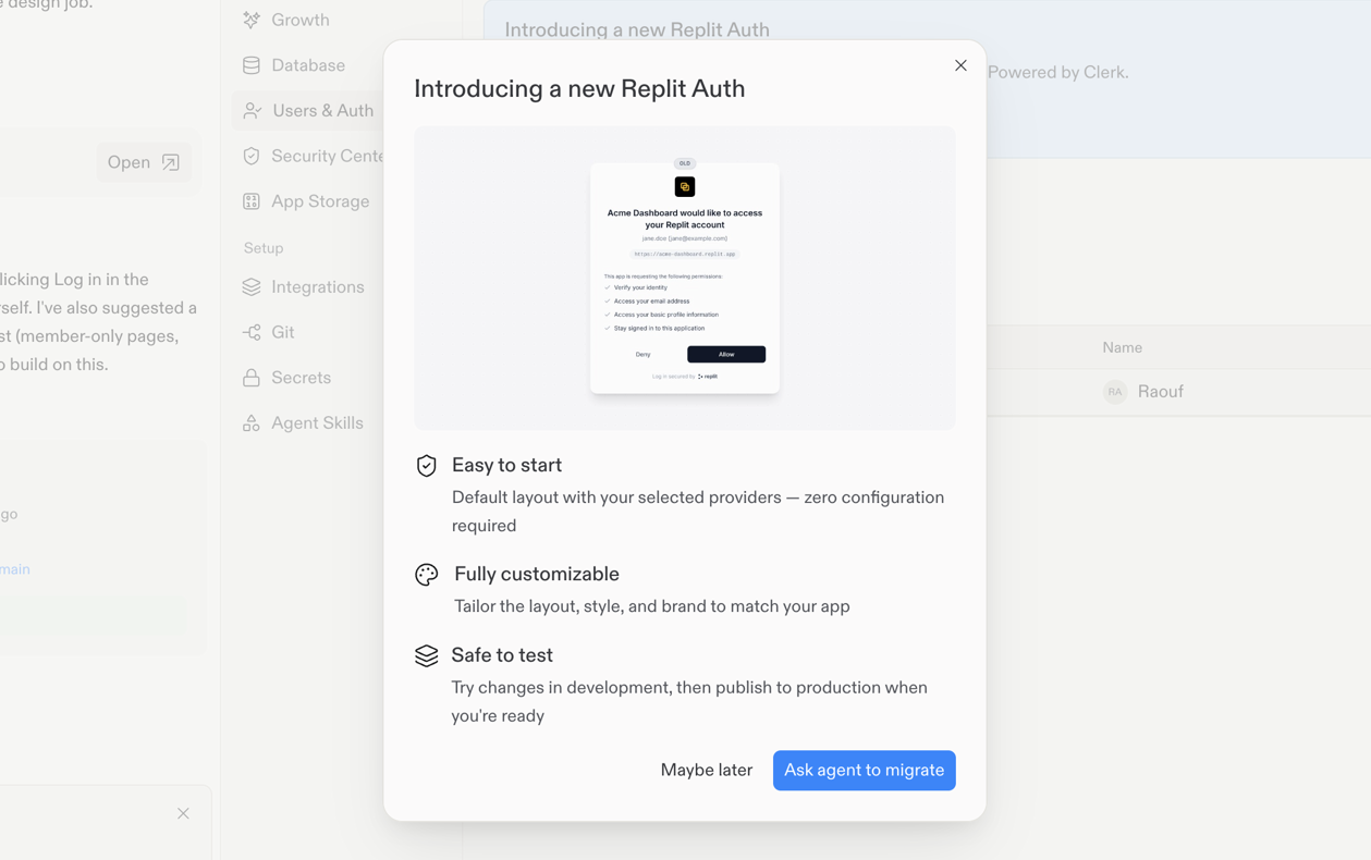 Introducing a new Replit Auth dialog with an Ask agent to migrate button