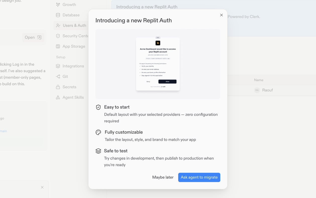 Introducing a new Replit Auth dialog with an Ask agent to migrate button