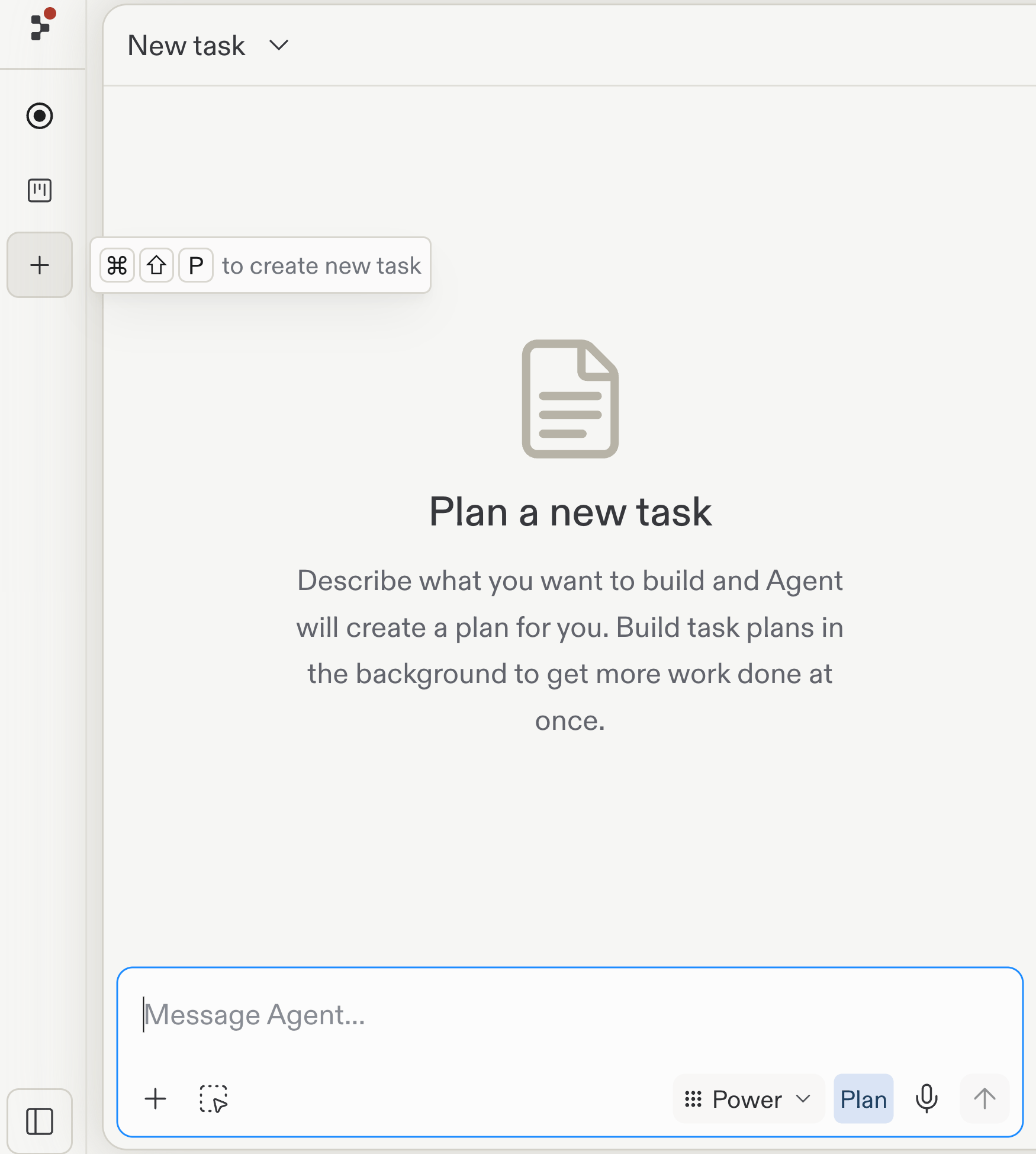 The New task view with the create-new-task button highlighted in the sidebar, a tooltip showing the Cmd Shift P shortcut, and the Plan a new task empty state above the Message Agent composer