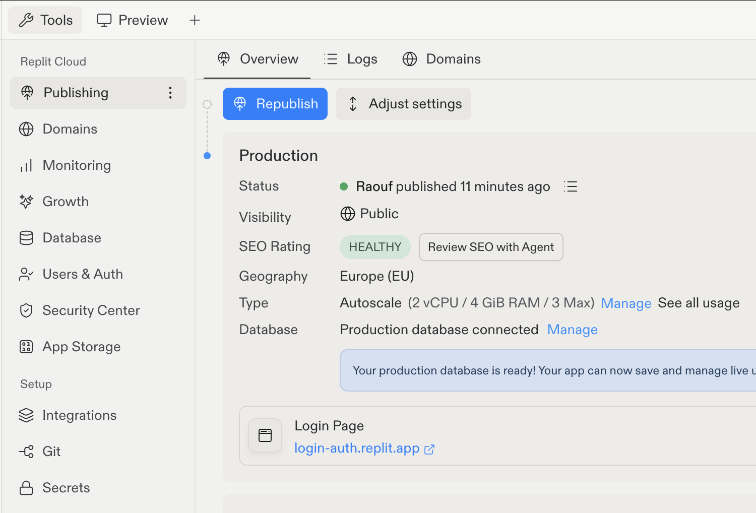 The Project Editor Tools tab open, showing the tool list with Publishing, Domains, Monitoring, Users & Auth, and more beside the Publishing overview