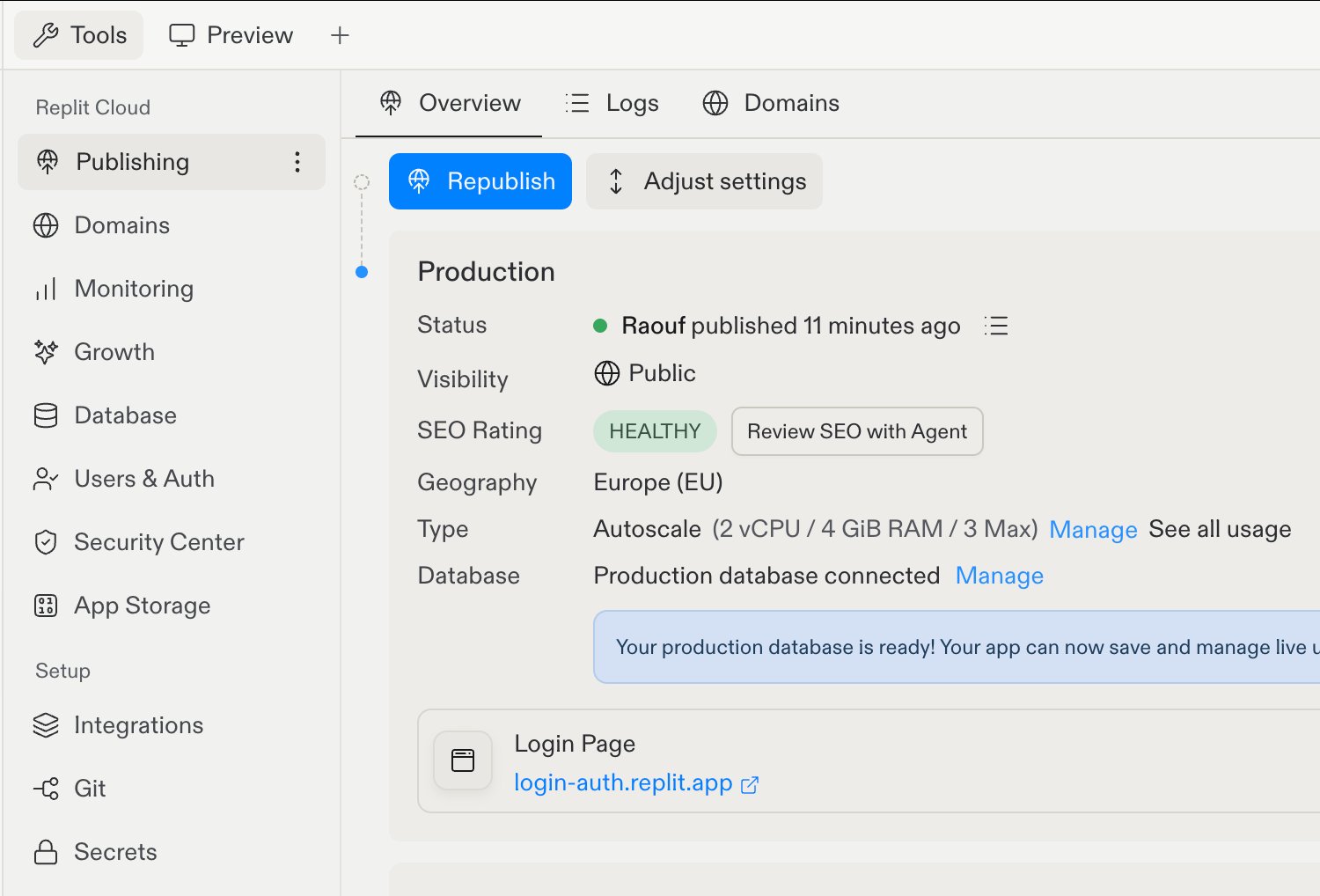 The Project Editor Tools tab open, showing the tool list with Publishing, Domains, Monitoring, Users & Auth, and more beside the Publishing overview