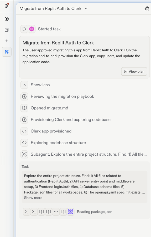 Agent task titled Migrate from Replit Auth to Clerk with a View plan button and migration-playbook review activity