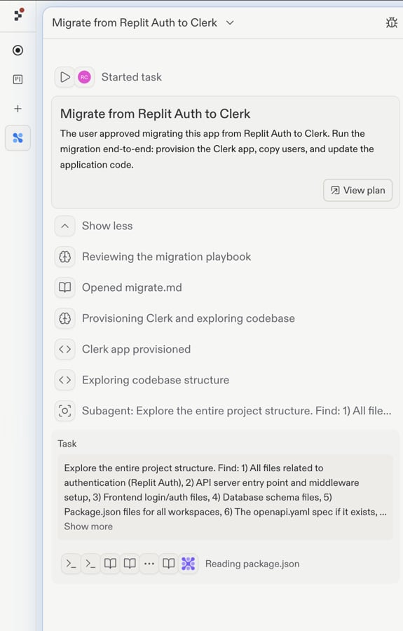 Agent task titled Migrate from Replit Auth to Clerk with a View plan button and migration-playbook review activity