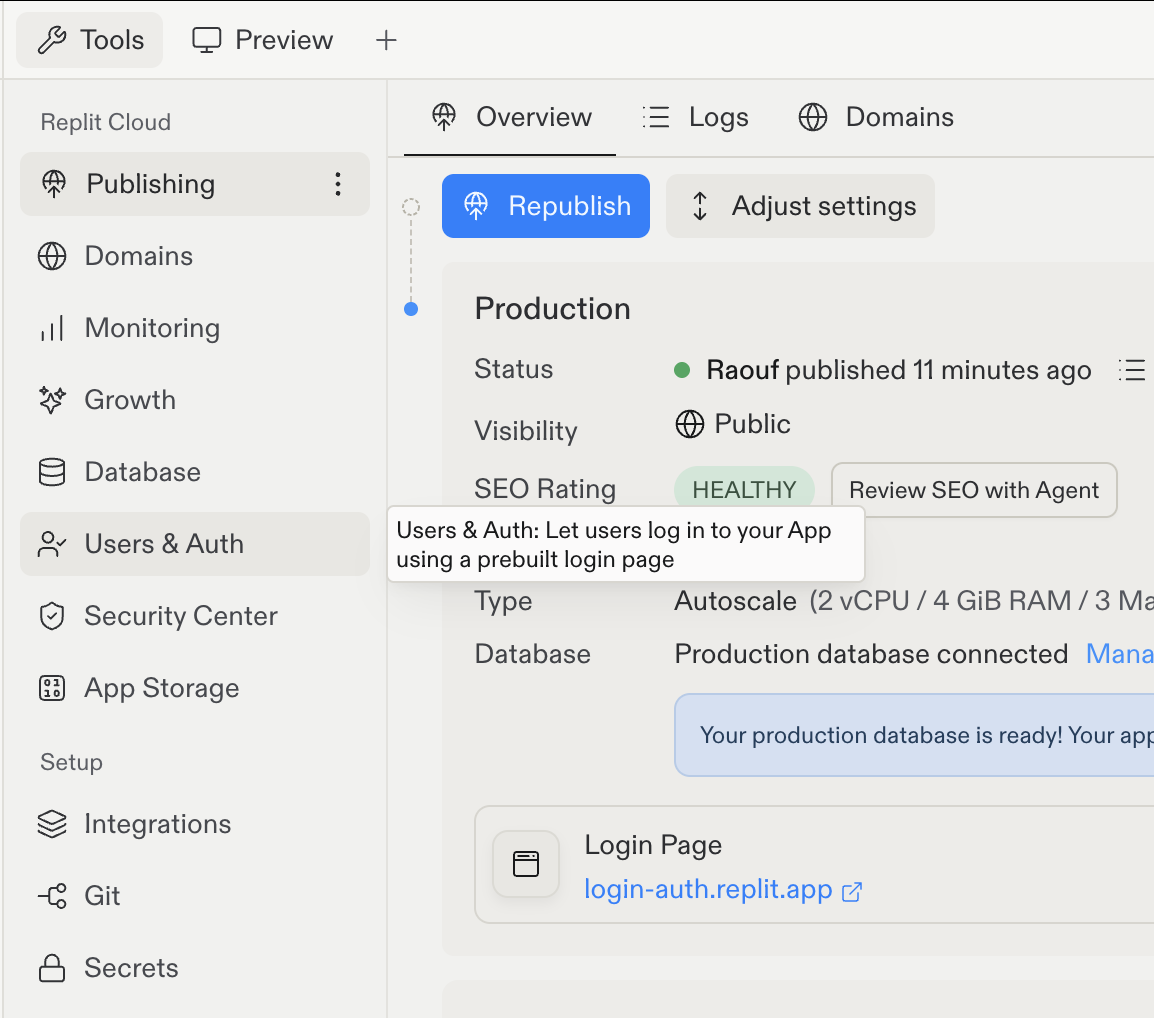 The tool list with Users & Auth highlighted and a tooltip reading 'Let users log in to your App using a prebuilt login page'