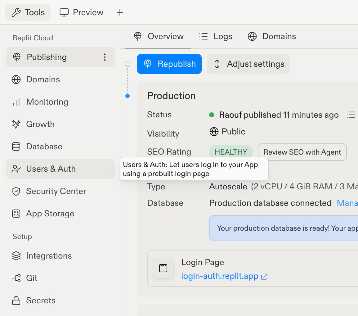 The tool list with Users & Auth highlighted and a tooltip reading 'Let users log in to your App using a prebuilt login page'