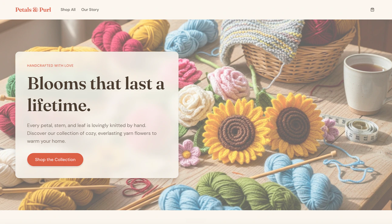 The Petals & Purl storefront: a cozy hand-knitted yarn flower shop with the headline 'Blooms that last a lifetime'