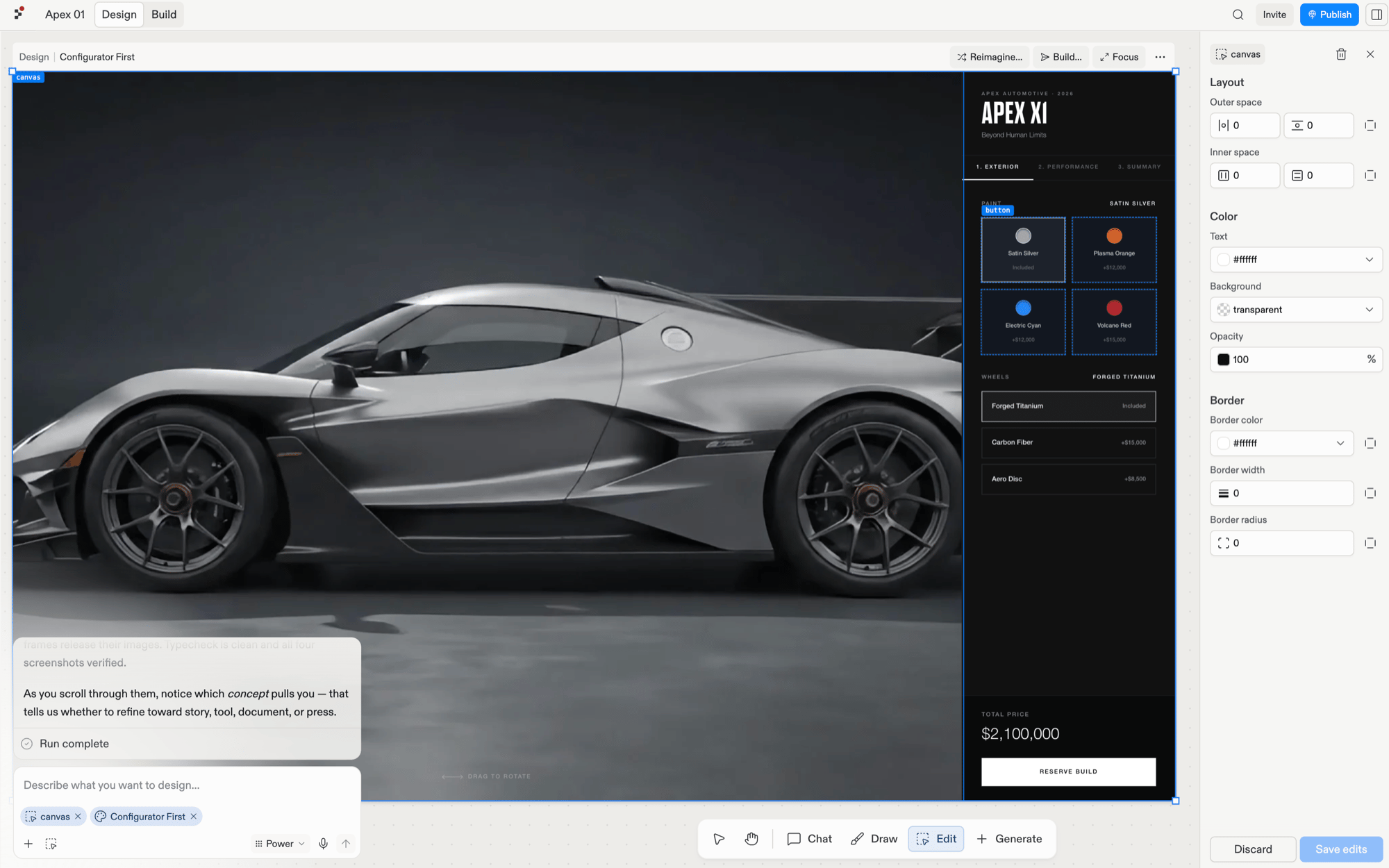 A supercar configurator frame with the Edit tool active and an element selected, showing the Visual Editor panel on the right with Layout, Color, and Border sections, plus Discard and Save edits buttons