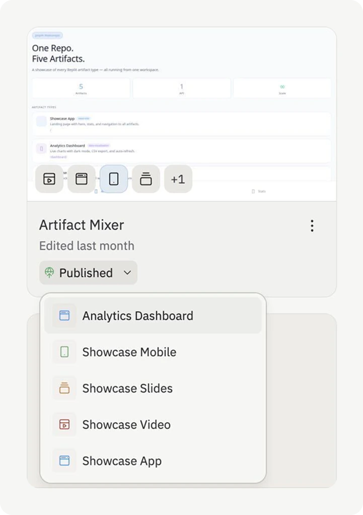 Project card on the Projects page with artifact icons and a dropdown listing every artifact inside the project