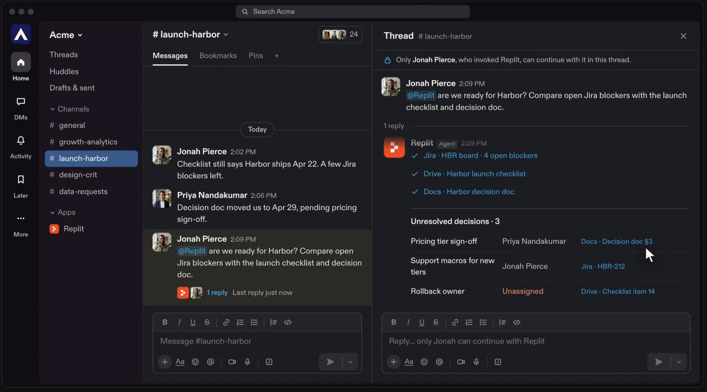 Replit answering a request in a Slack channel thread