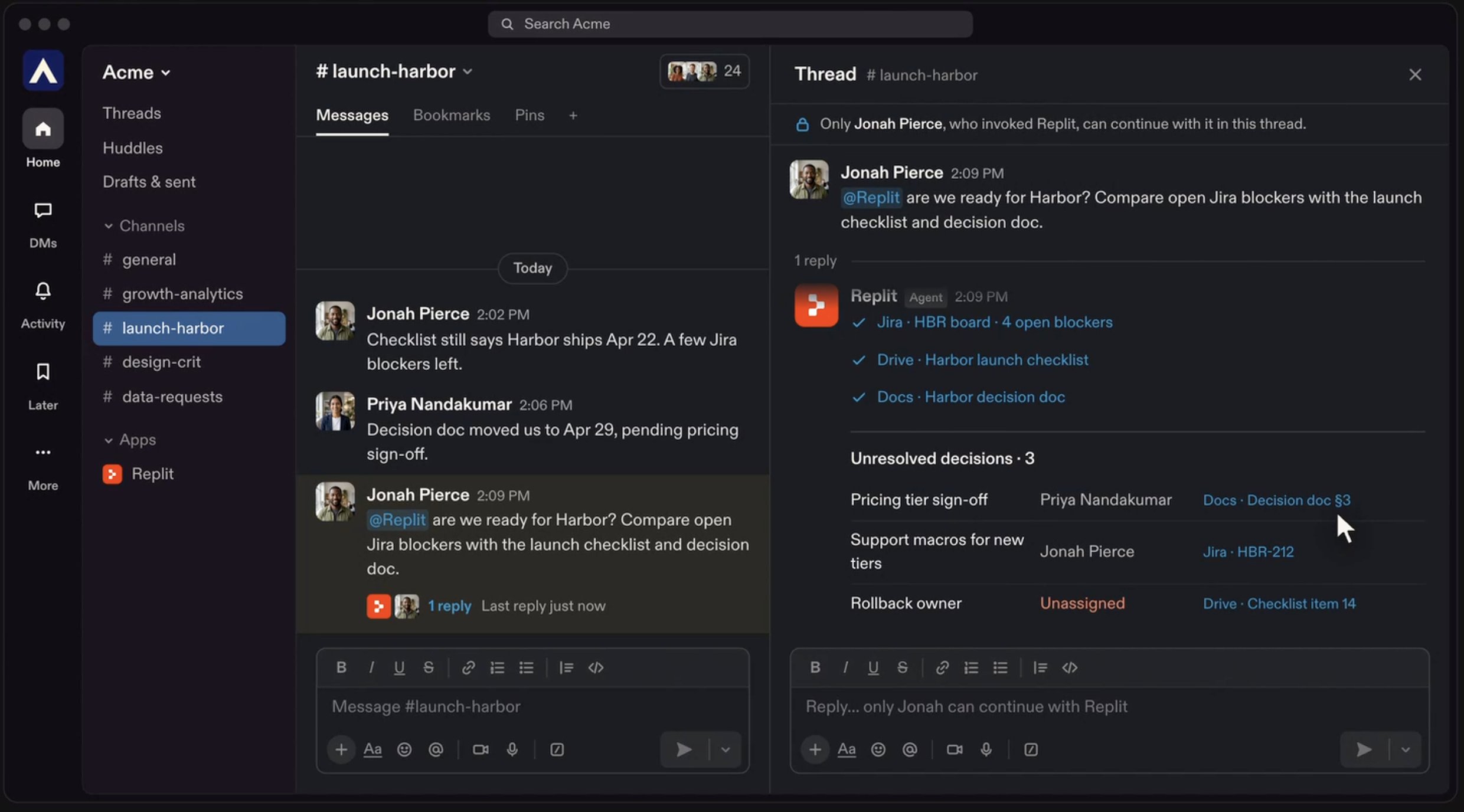 Replit answering a request in a Slack channel thread