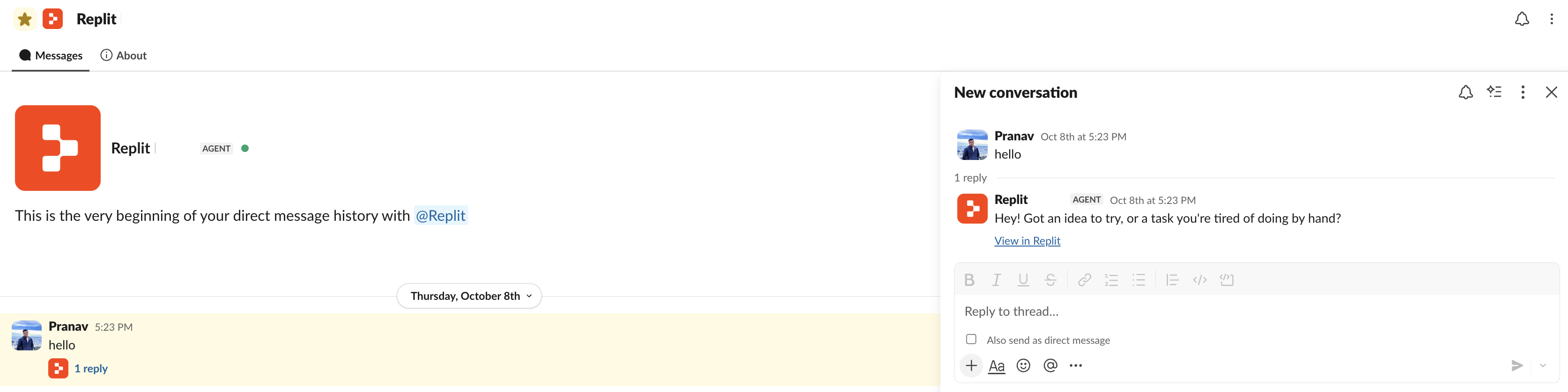 Direct message chat with Replit in Slack