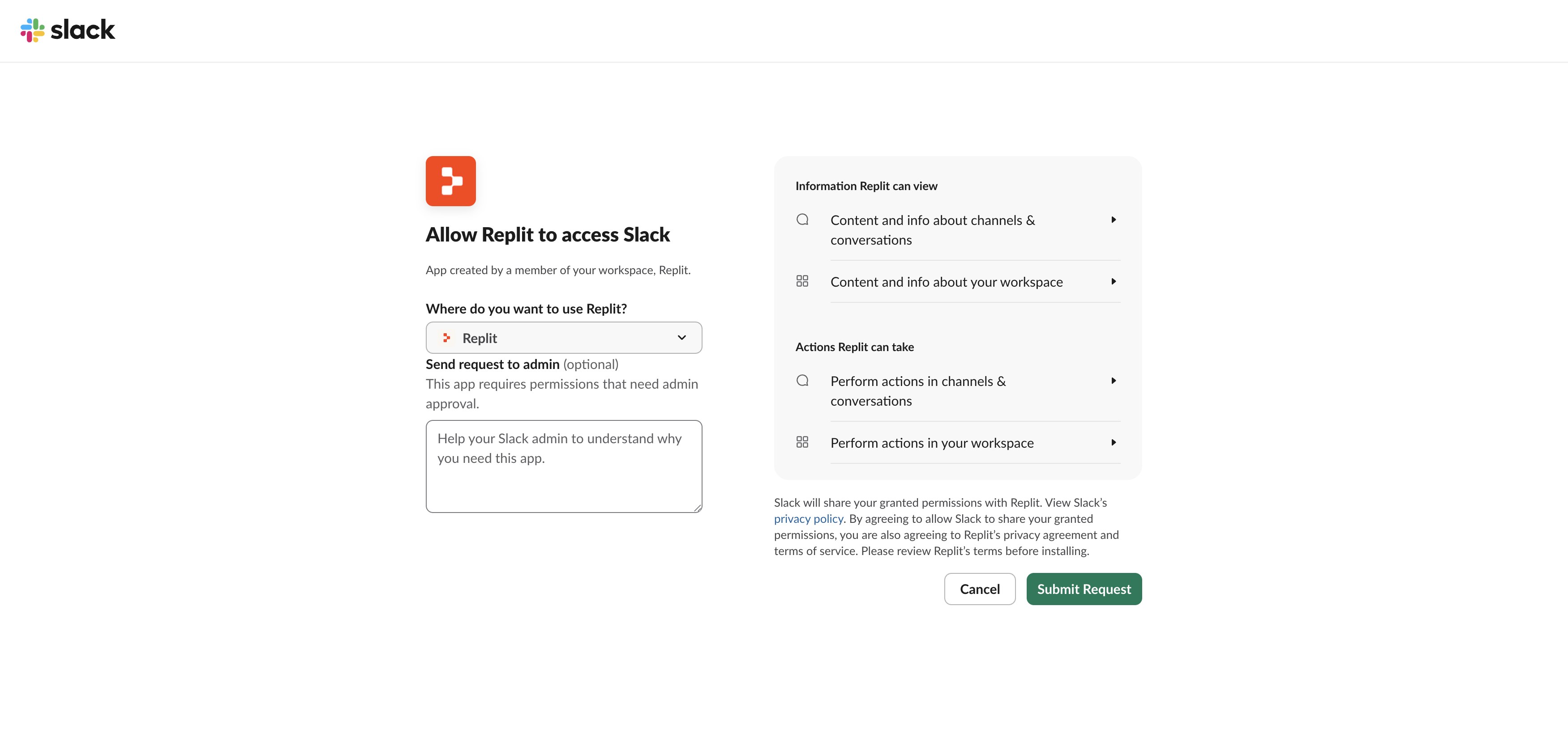 Slack app installation and permission request
