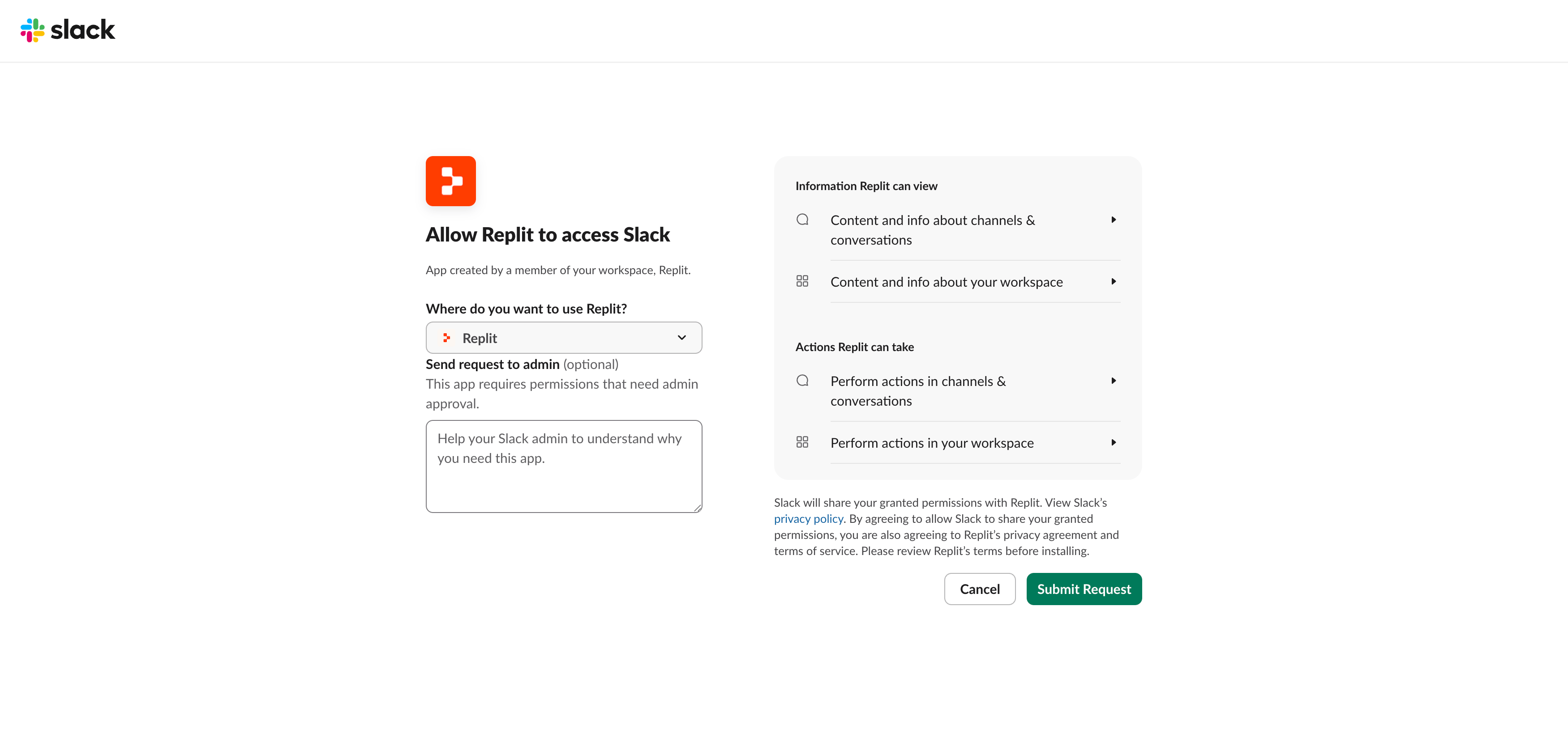 Slack app installation and permission request