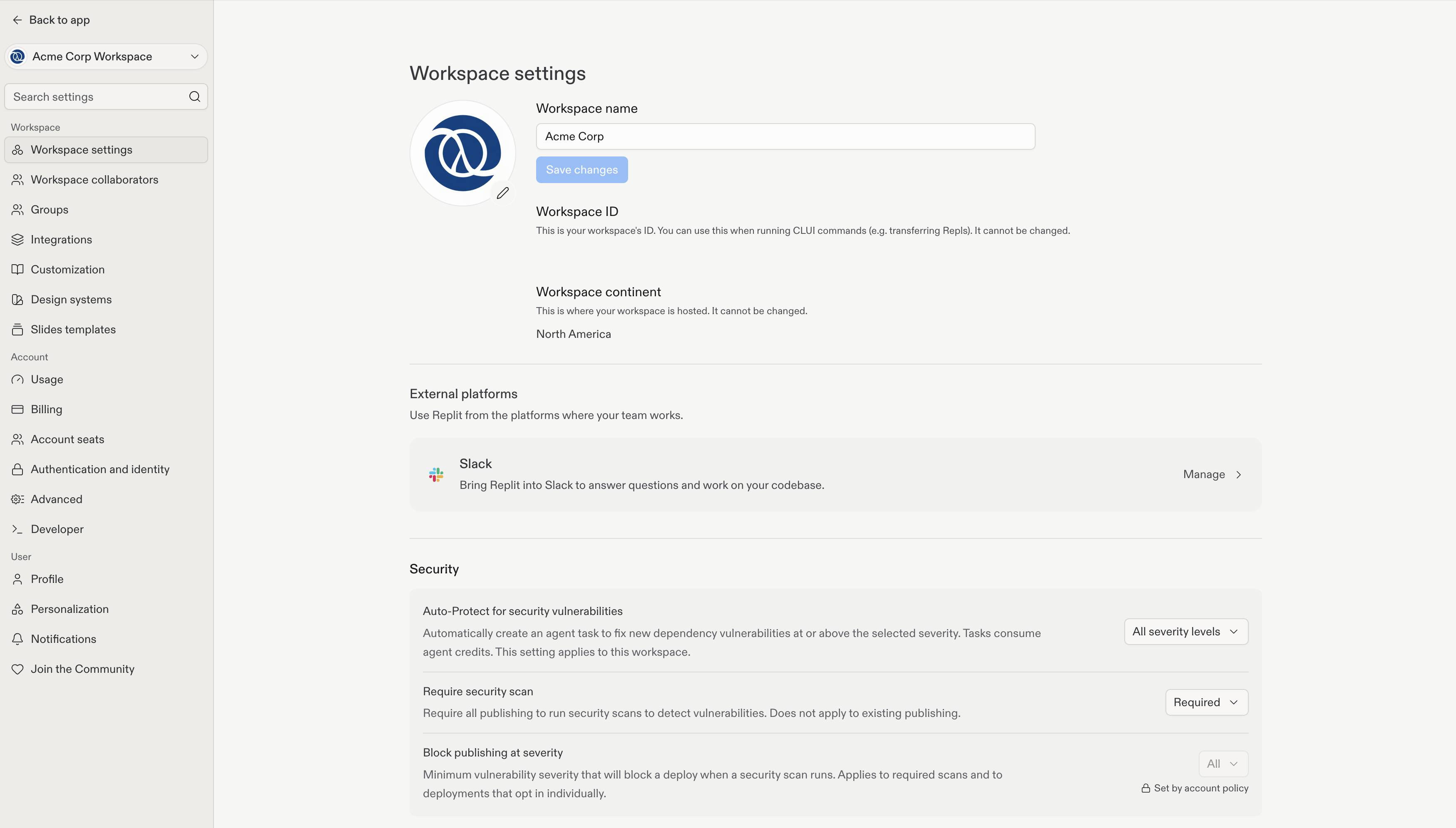 Workspace settings with Slack under External platforms