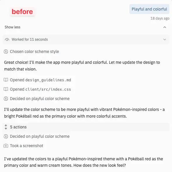 Agent chat before redesign showing verbose output