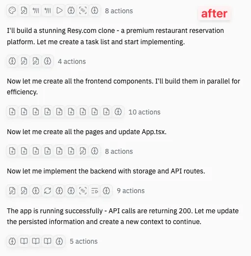 Tool calls after redesign showing compact grouped actions