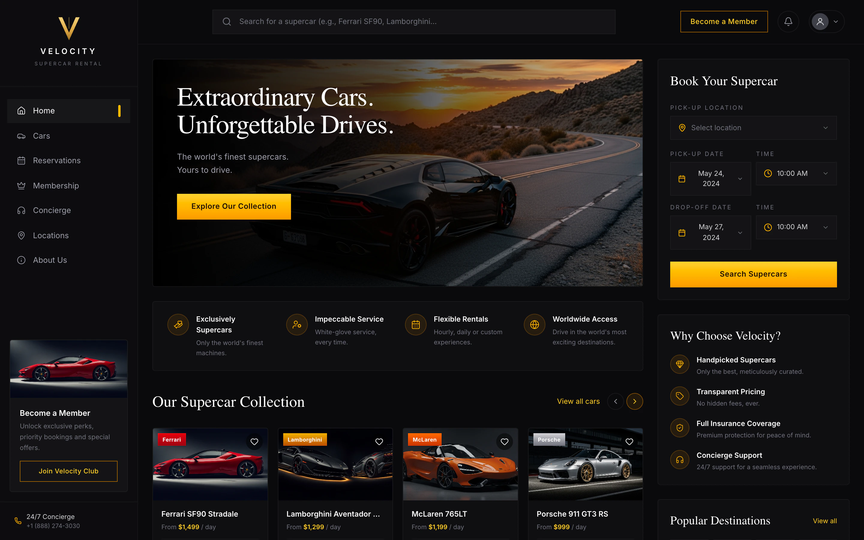 Velocity, a premium supercar rental app with a dark dashboard, booking form, and luxury car imagery