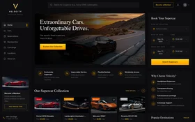 Velocity, a premium supercar rental app with a dark dashboard, booking form, and luxury car imagery