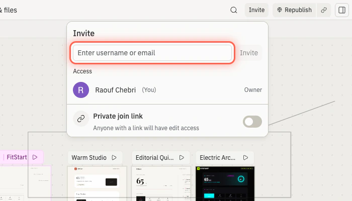 The Invite dialog open in the workspace top bar with the username-or-email input highlighted, ready to invite a teammate to the project