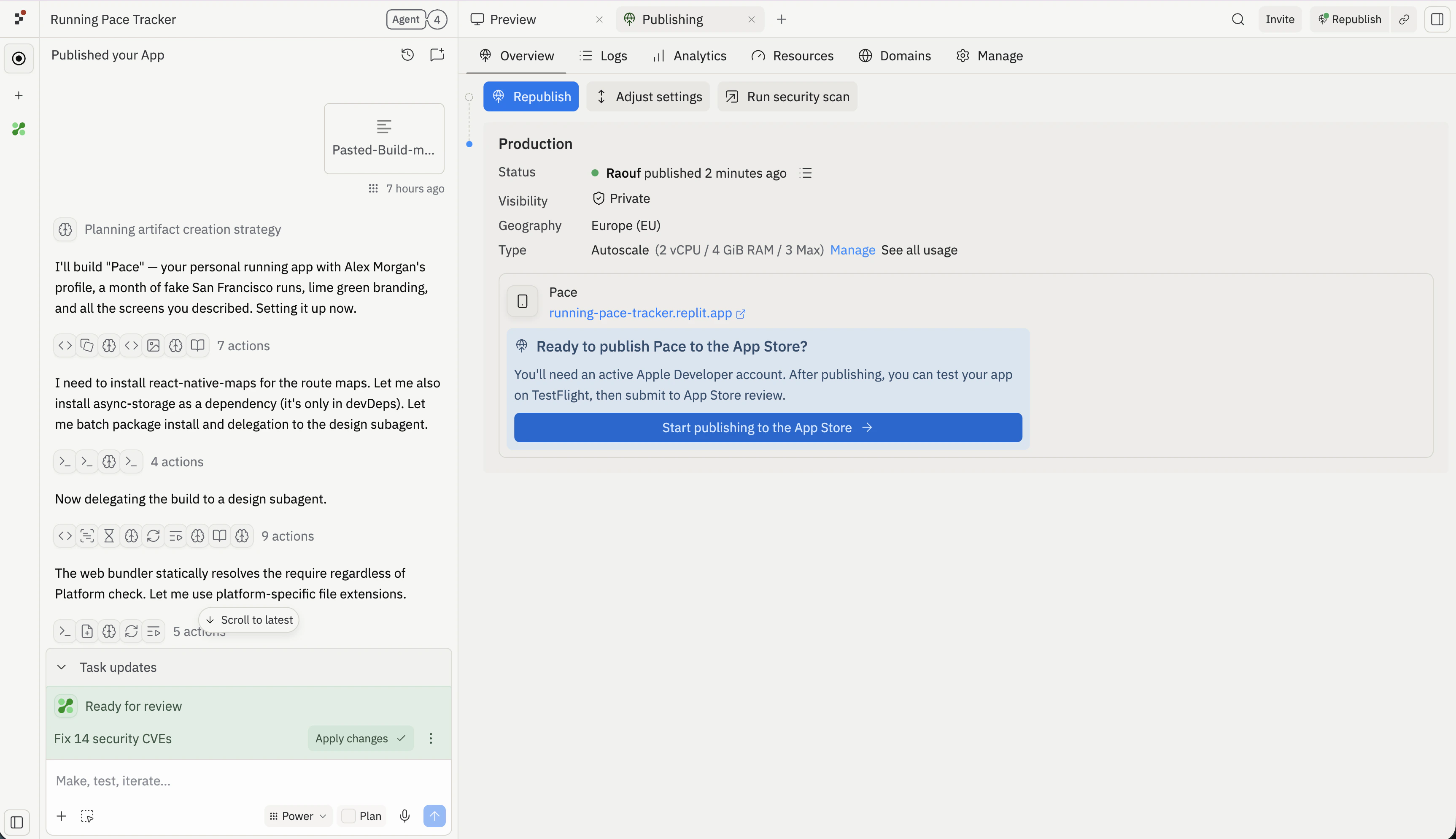 The Publishing tab in the Project Editor showing Production status and a Ready to publish Pace to the App Store? card with a Start publishing to the App Store button