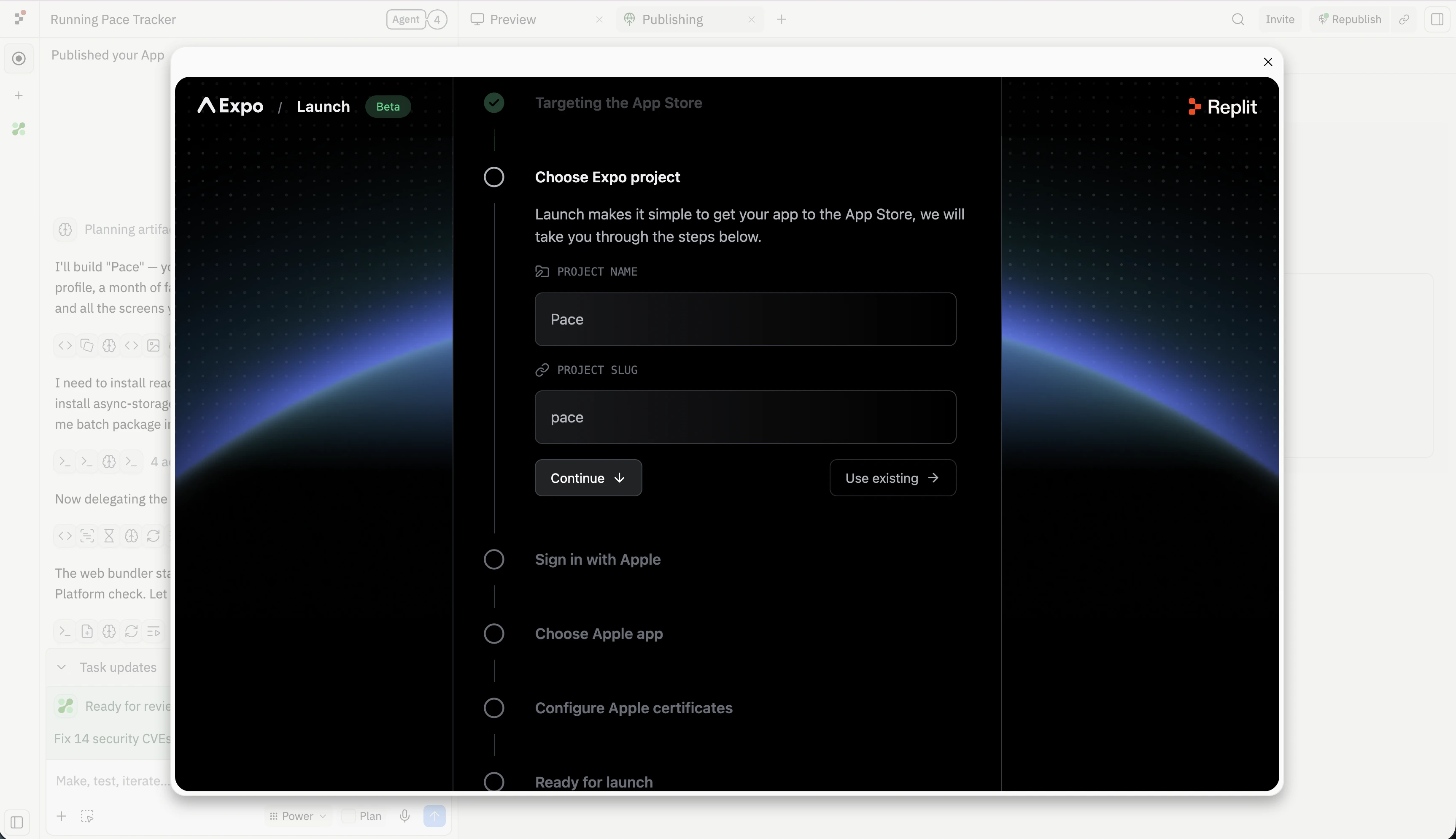 The Launch dialog with a Choose Expo project step active — fields for Project name and Project slug pre-filled with Pace, a Continue button, and a Use existing option
