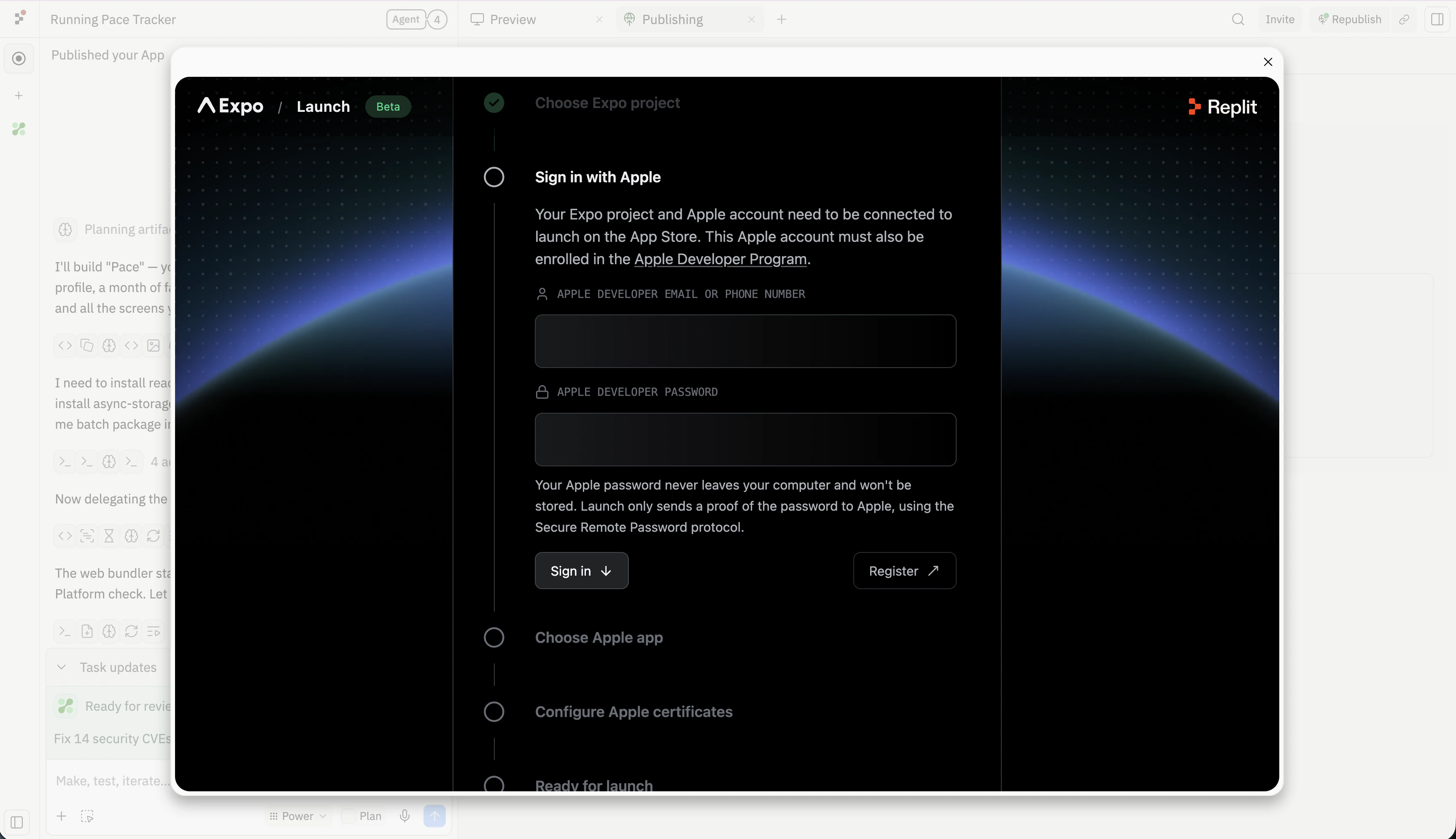 The Launch dialog at the Sign in with Apple step — Apple Developer email or phone number and password fields, with a note that the password never leaves the device and that the account must be enrolled in the Apple Developer Program