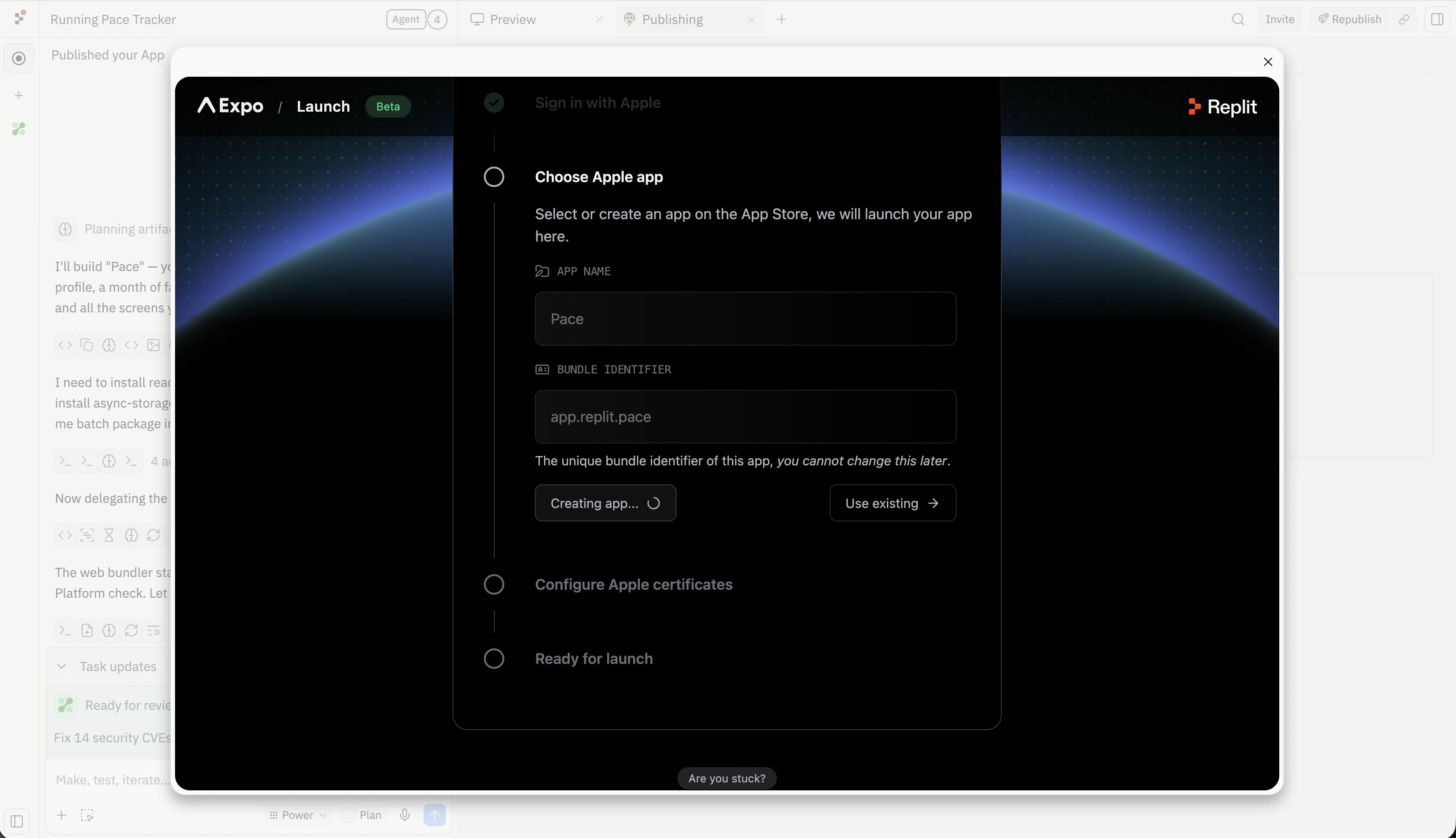 The Launch dialog at the Choose Apple app step — App name set to Pace, Bundle ID app.replit.pace, with a note that the bundle identifier cannot be changed later, and a Creating app… button