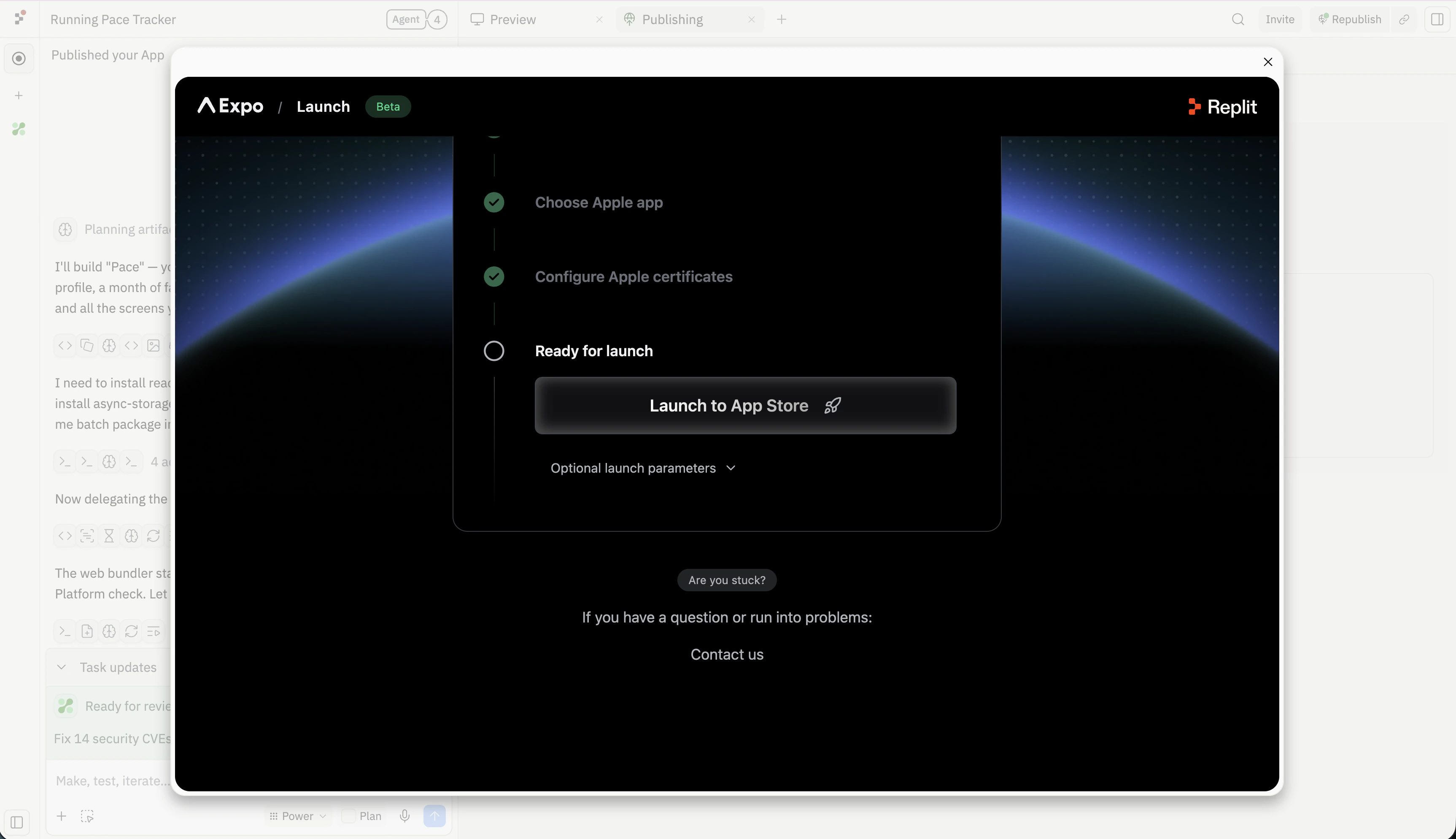 The Launch dialog at the Ready for launch step with Choose Apple app and Configure Apple certificates marked complete, and a Launch to App Store button plus Optional launch parameters