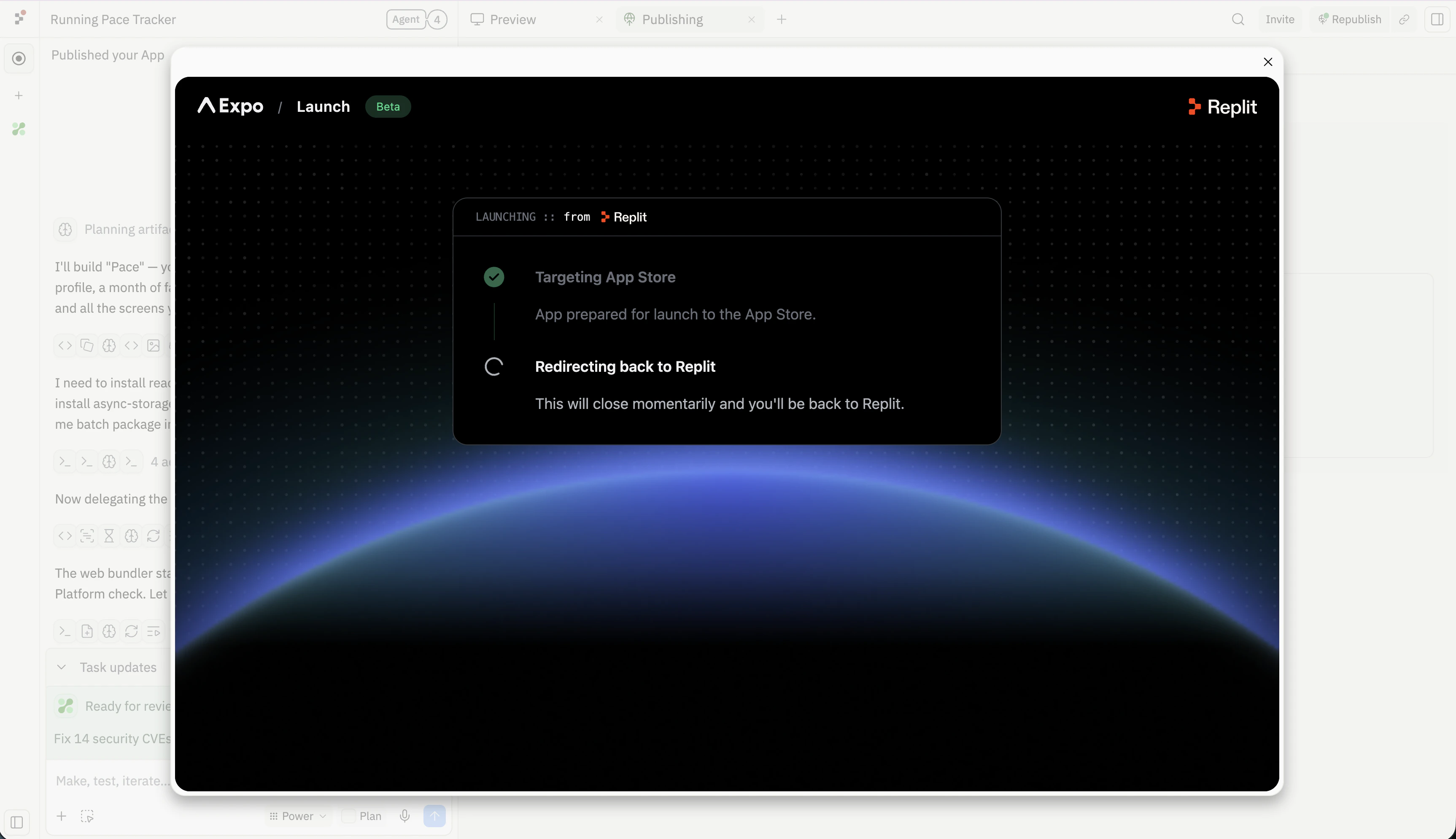 The Launch dialog with Targeting App Store marked complete and a Redirecting back to Replit message — the confirmation state after Launch to App Store is selected