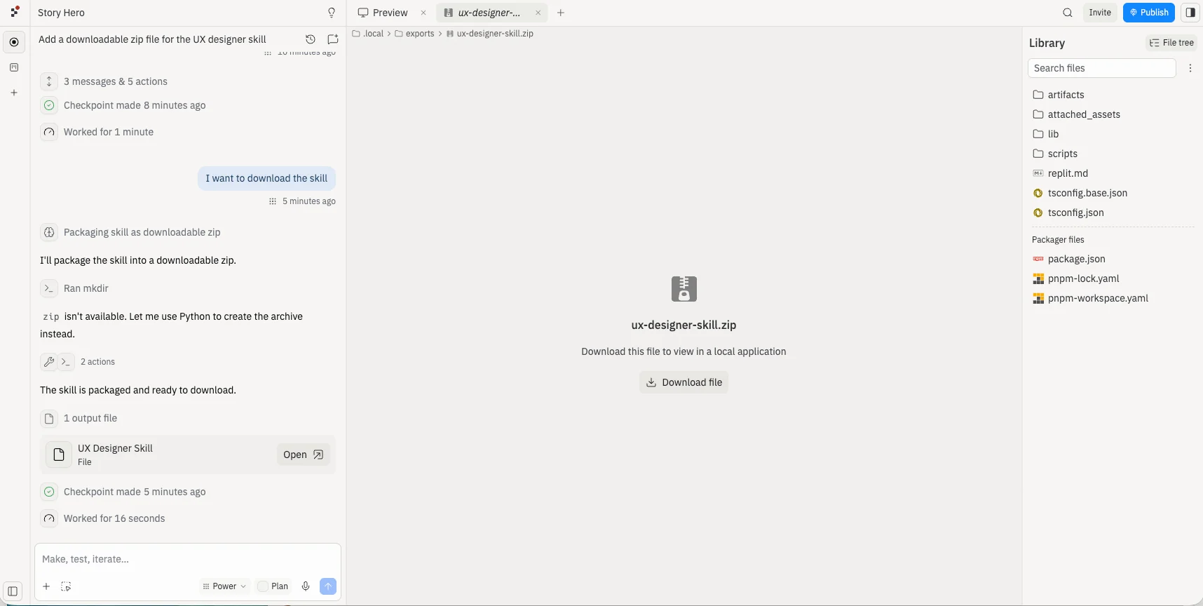 Agent has packaged a workspace skill as a downloadable ux-designer-skill.zip archive, with a Download file button