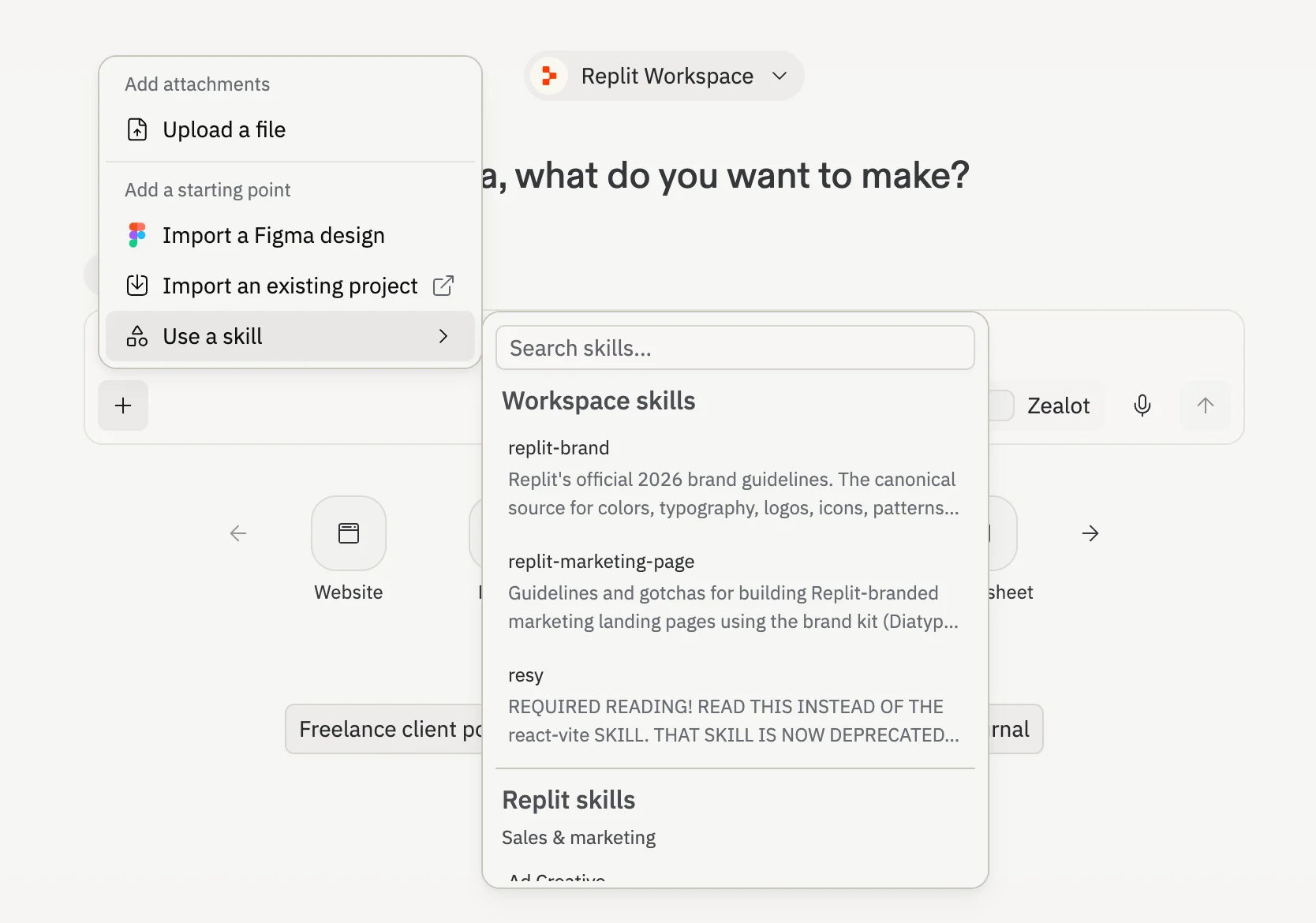 The skill picker opened from the + button, showing the Workspace skills group at the top above Replit skills