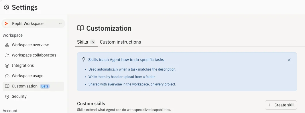 The Customization tab in Workspace Settings, showing the Skills and Custom instructions sub-tabs