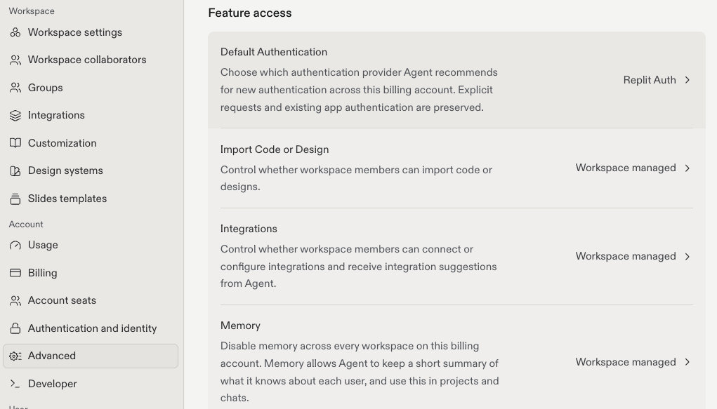 Account Advanced settings showing Default Authentication under Feature access, with Replit Auth selected.