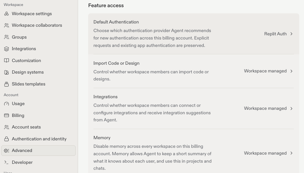 Account Advanced settings showing Default Authentication under Feature access, with Replit Auth selected.
