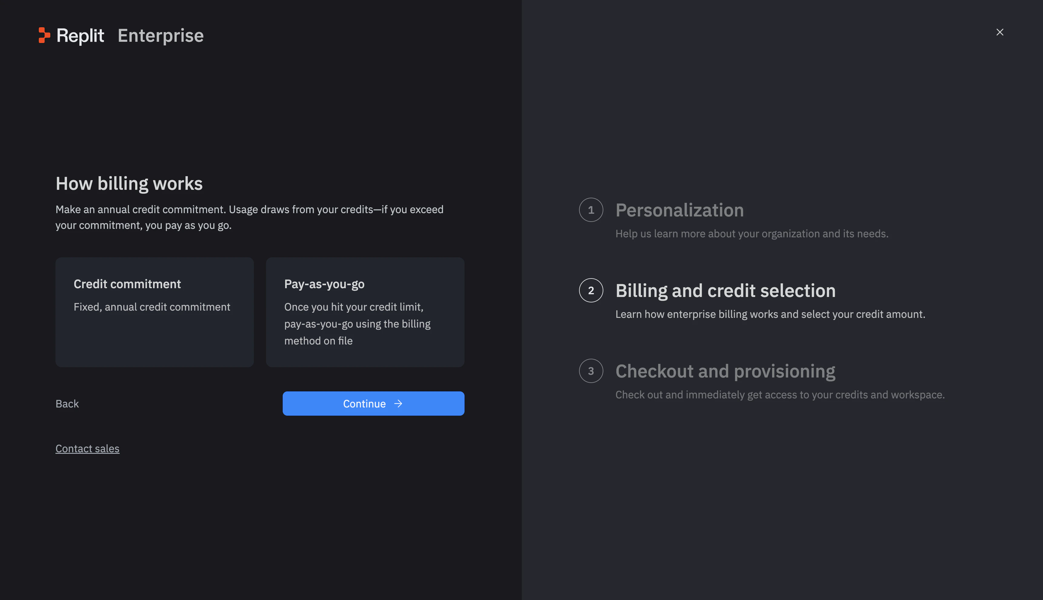 Replit Enterprise upgrade wizard, 'How billing works' step. Two cards side by side: 'Credit commitment — Fixed, annual credit commitment' and 'Pay-as-you-go — Once you hit your credit limit, pay-as-you-go using the billing method on file', plus a Continue button.