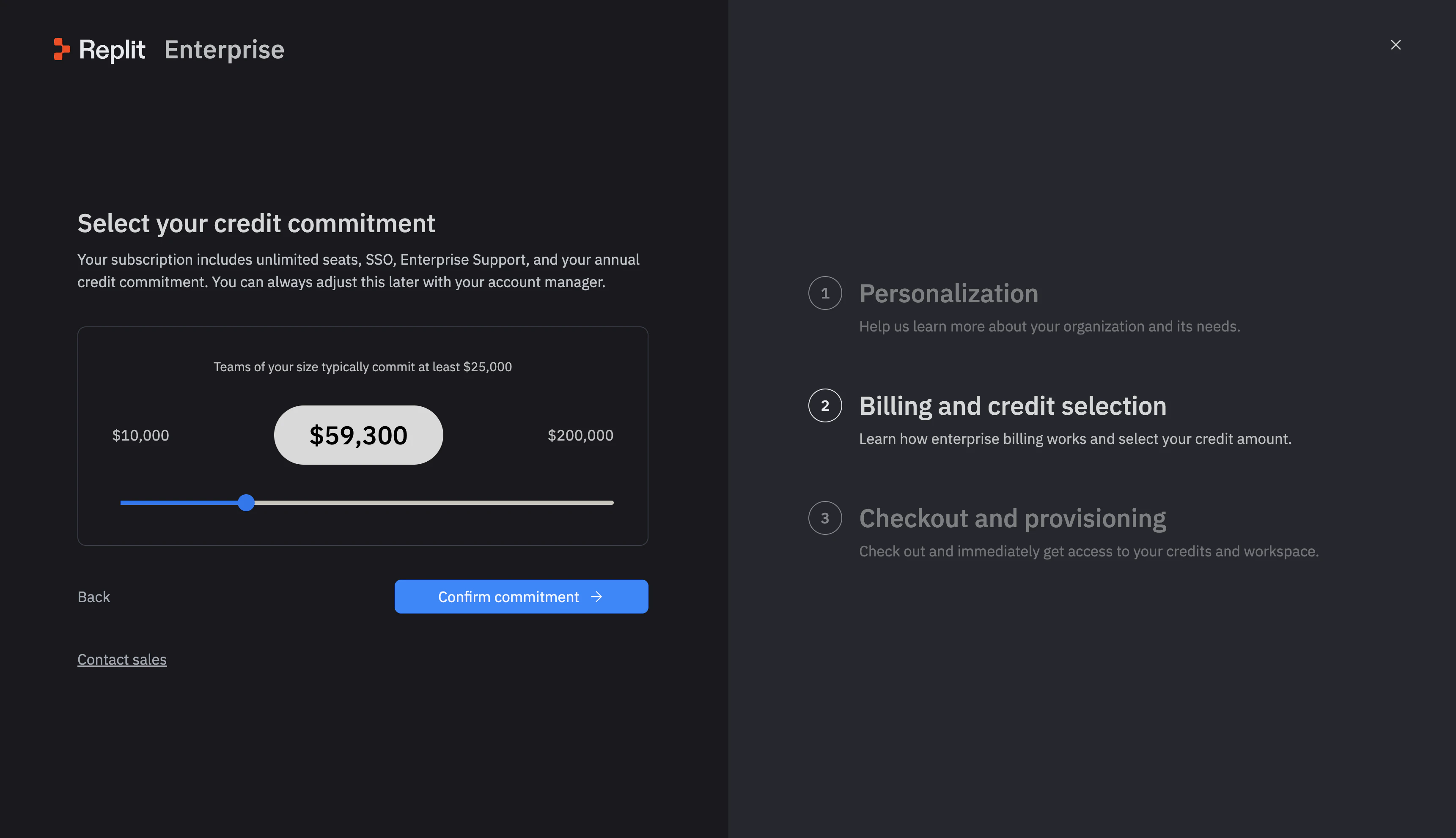 Replit Enterprise upgrade wizard, 'Select your credit commitment' screen. A slider between $10,000 and $200,000 with the current selection of $59,300, plus a Confirm commitment button.