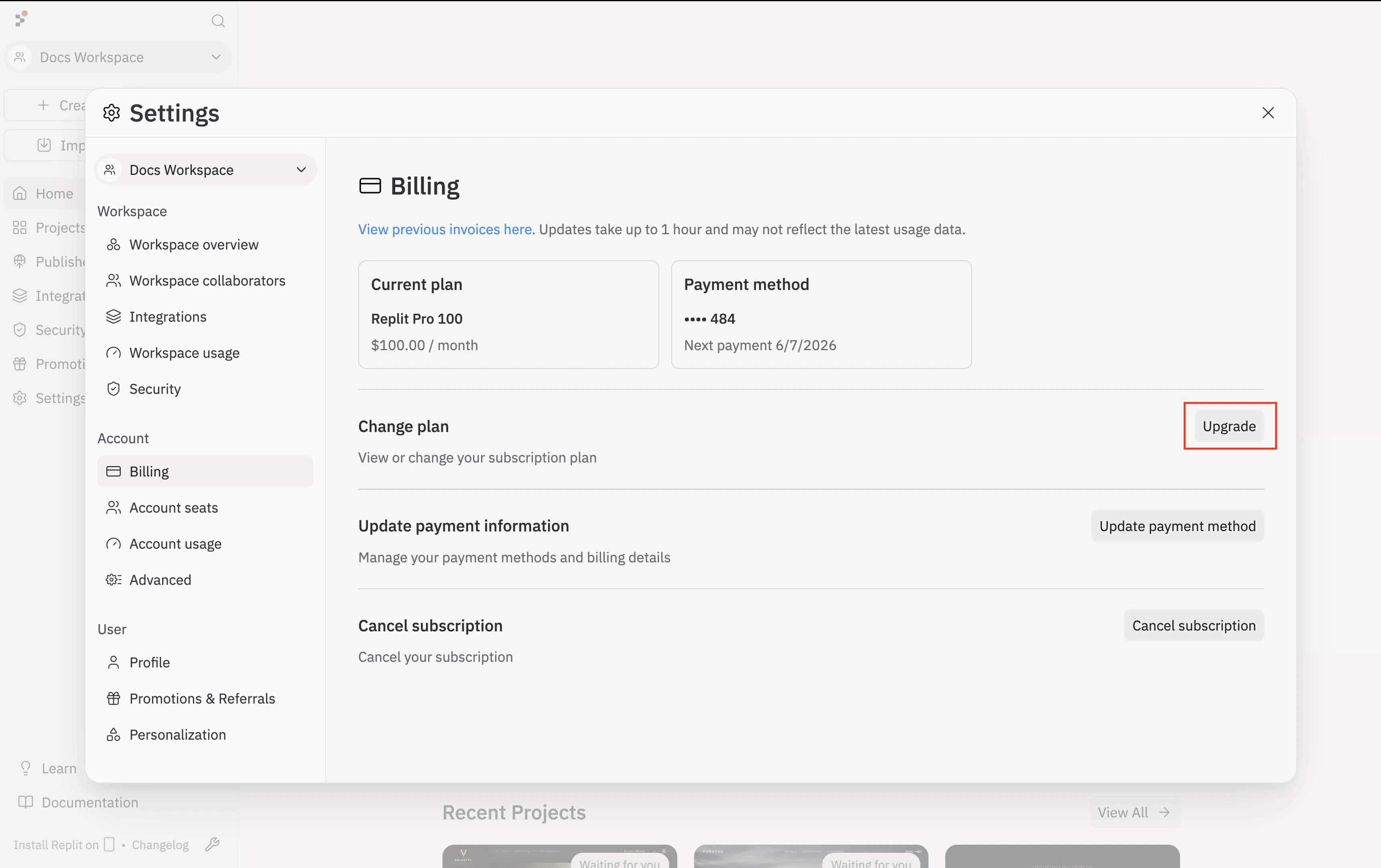 Settings dialog open to the Billing section, with the current Replit Pro plan shown and the Upgrade button (next to 'Change plan') highlighted.