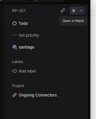 Linear integration showing Open in Replit button in ticket sidebar